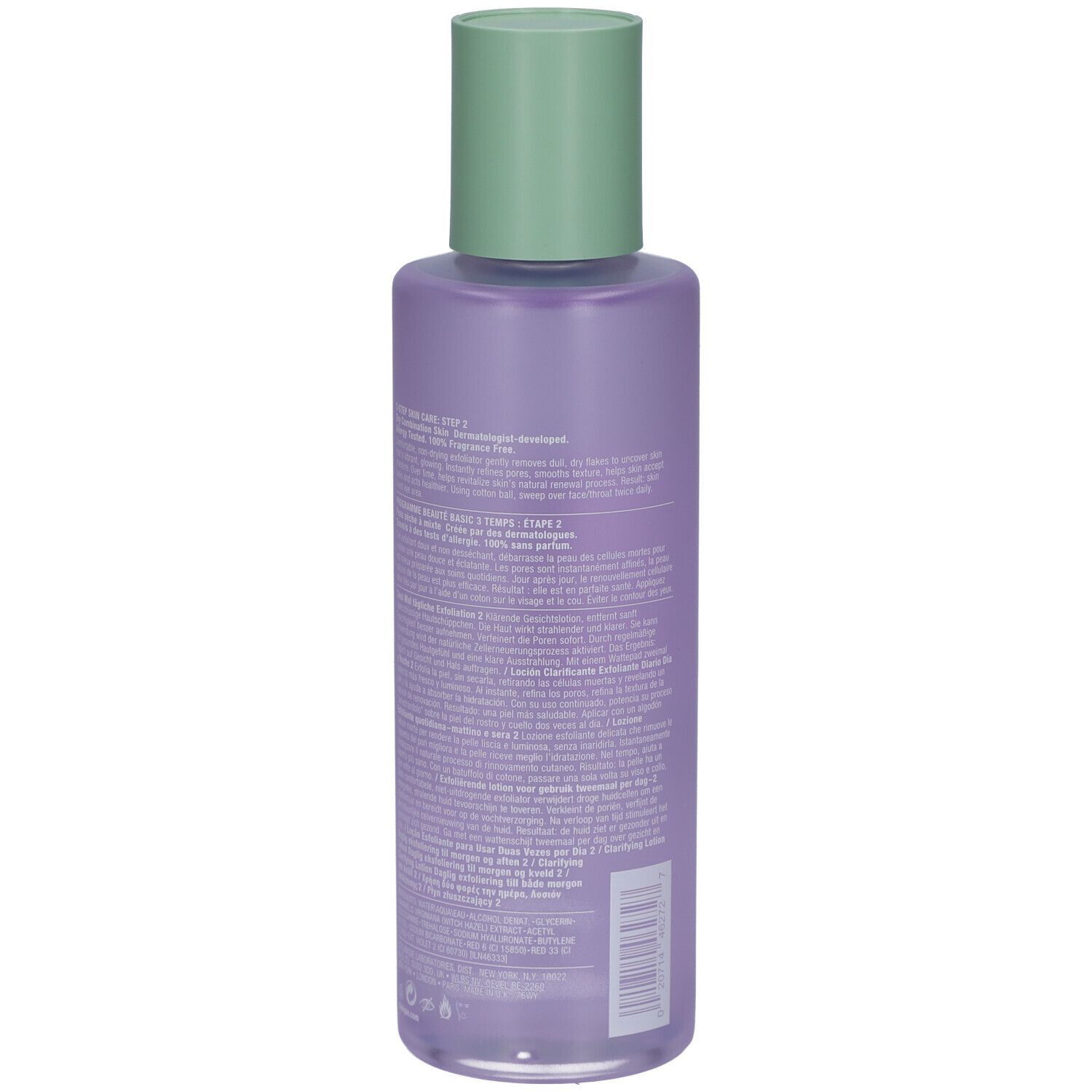 Achterkant van de fles Clinique Lotion clarifiante Step-2. Tekst op paarse fles. Groene dop.