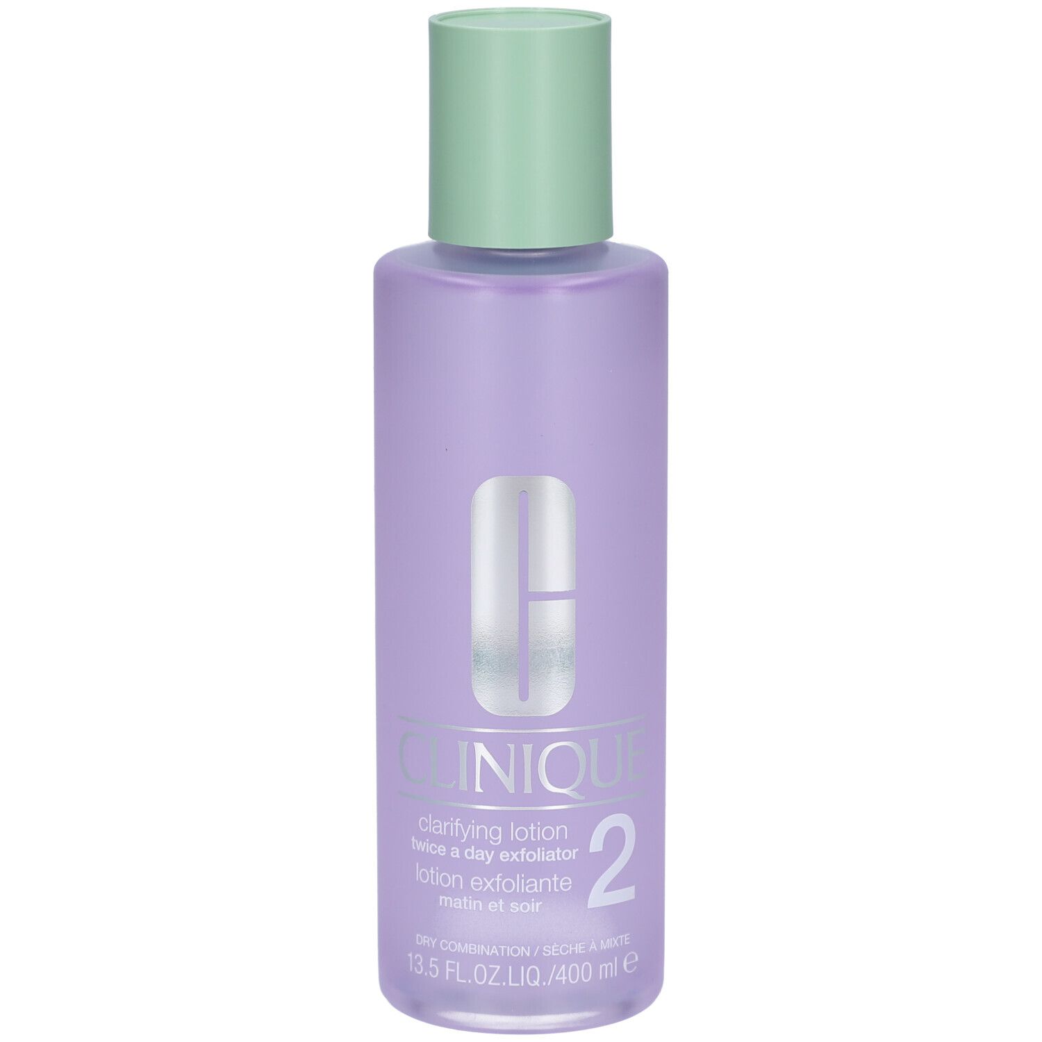 Fles Clinique Lotion clarifiante Step-2. Paarse fles met groene dop. Productnaam en nummer 2.