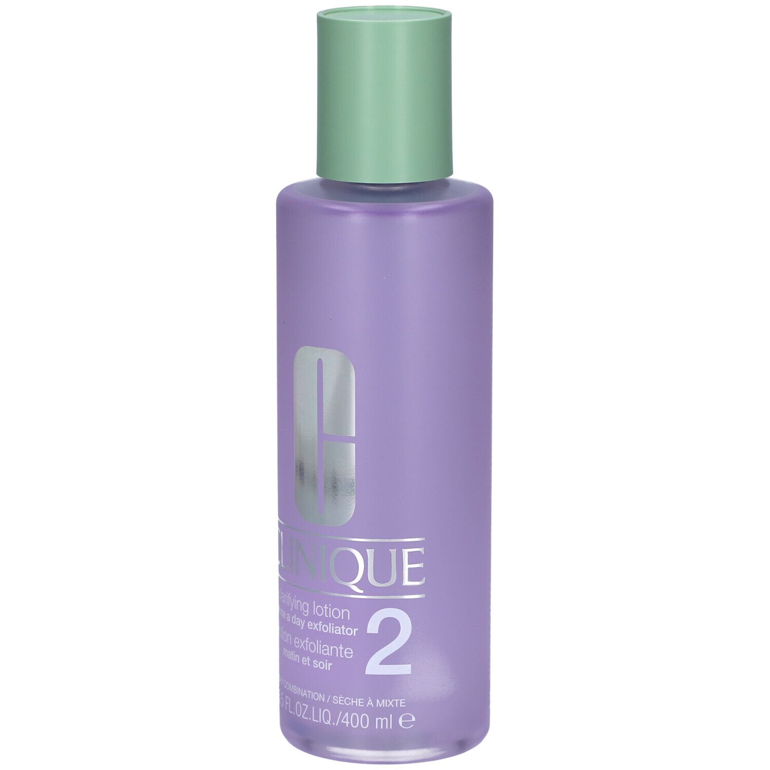 Fles Clinique Lotion clarifiante Step-2. Paarse fles met groene dop. Productnaam en nummer 2.