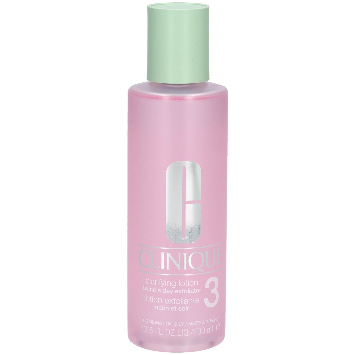 Roze fles met groene dop. Opschrift: CLINIQUE, Clarifying Lotion 3. Voor de gemengde tot vette huid.