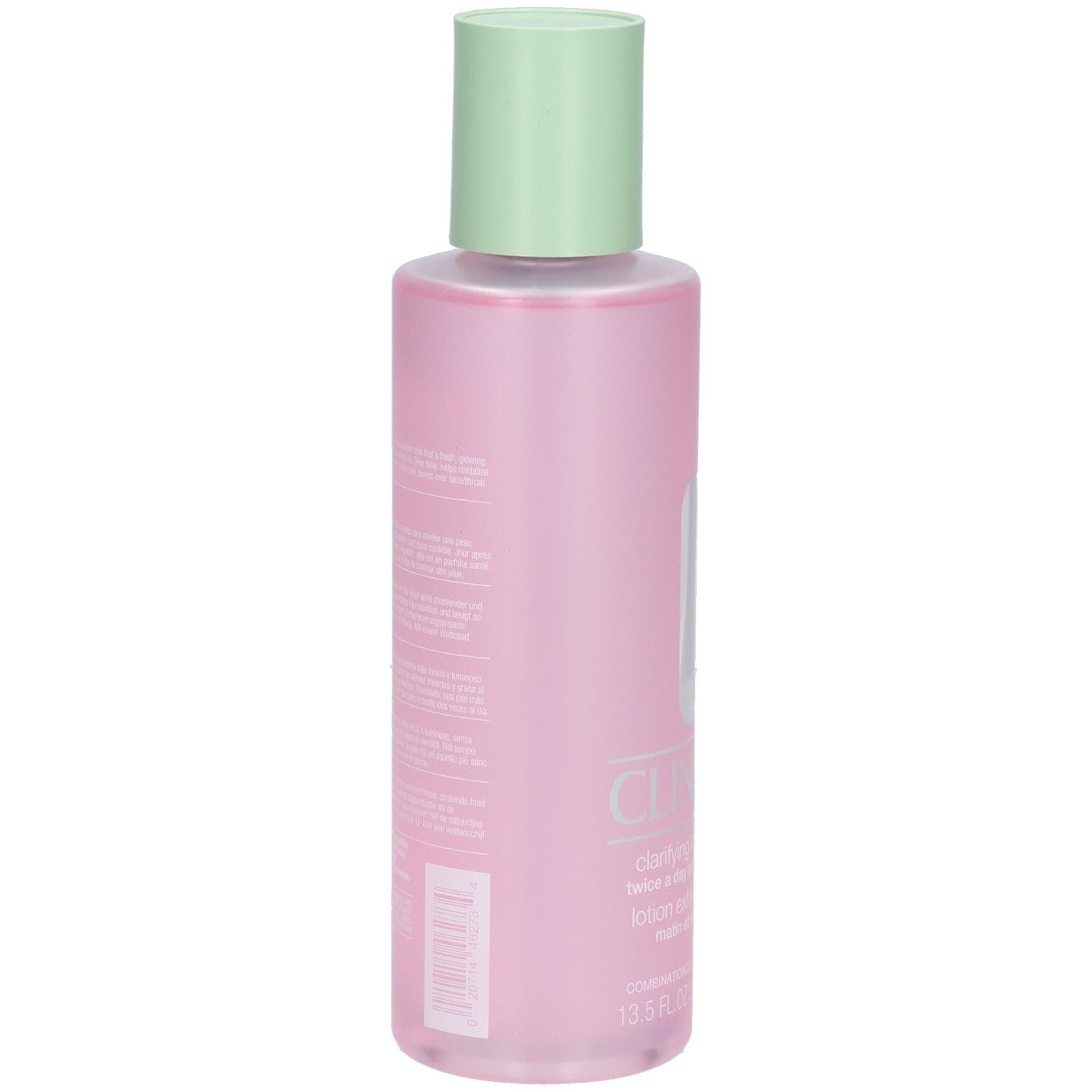 Achterkant van een roze fles met groene dop. Tekst op de fles.