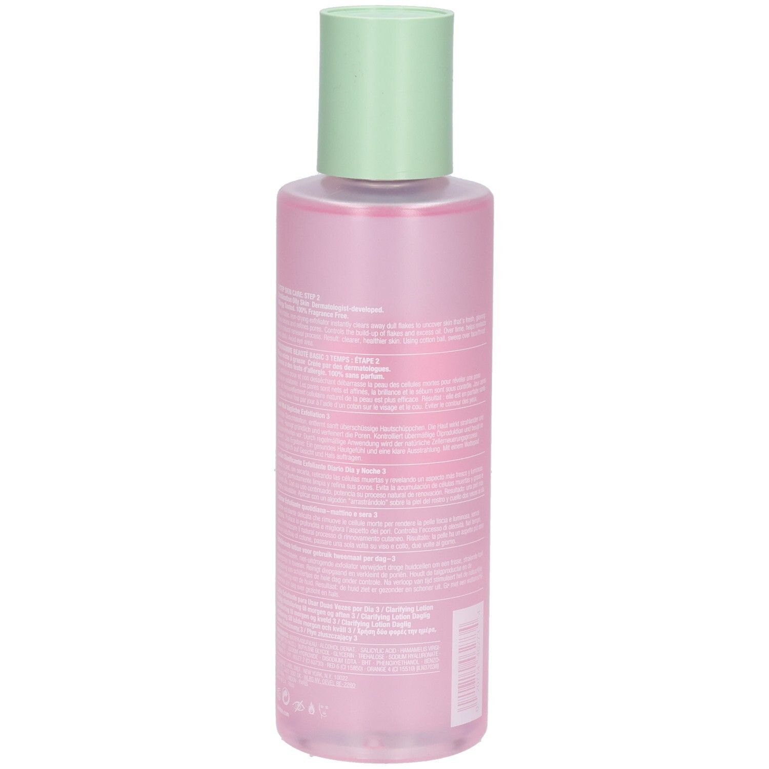 Achterkant van een roze fles met groene dop. Tekst op de fles.