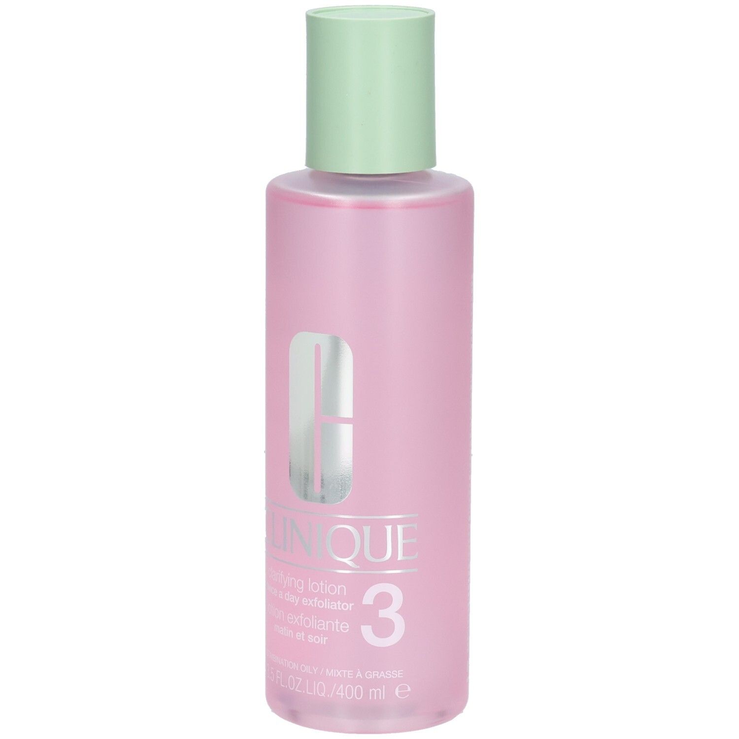 Roze fles met groene dop. Opschrift: CLINIQUE, Clarifying Lotion 3. Voor de gemengde tot vette huid.
