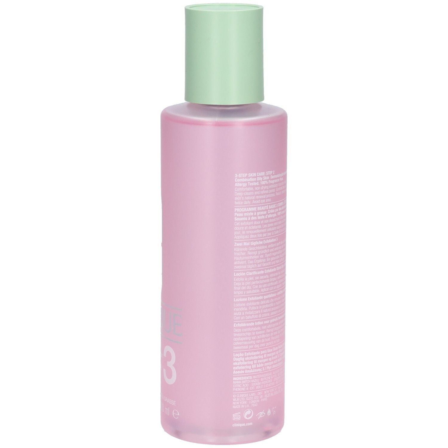 Achterkant van een roze fles met groene dop. Tekst op de fles.