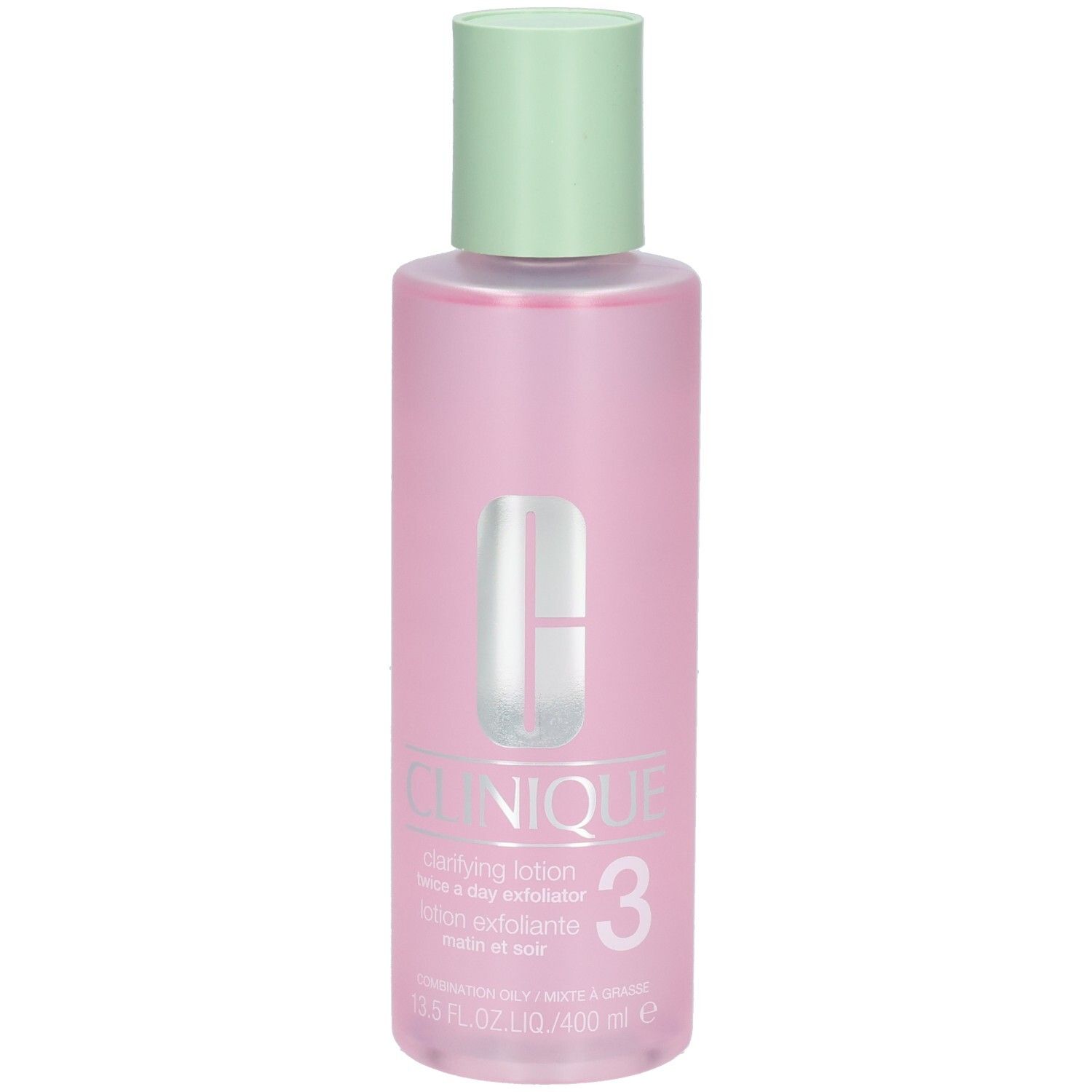 Roze fles met groene dop. Opschrift: CLINIQUE, Clarifying Lotion 3. Voor de gemengde tot vette huid.