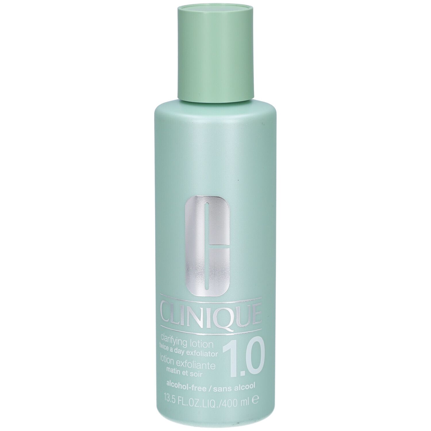 Lichtgroene fles met lichtgroene dop. Opschrift: Clinique Clarifying Lotion 1.0. Alcoholvrij. 13.5 FL.OZ./400 ml.