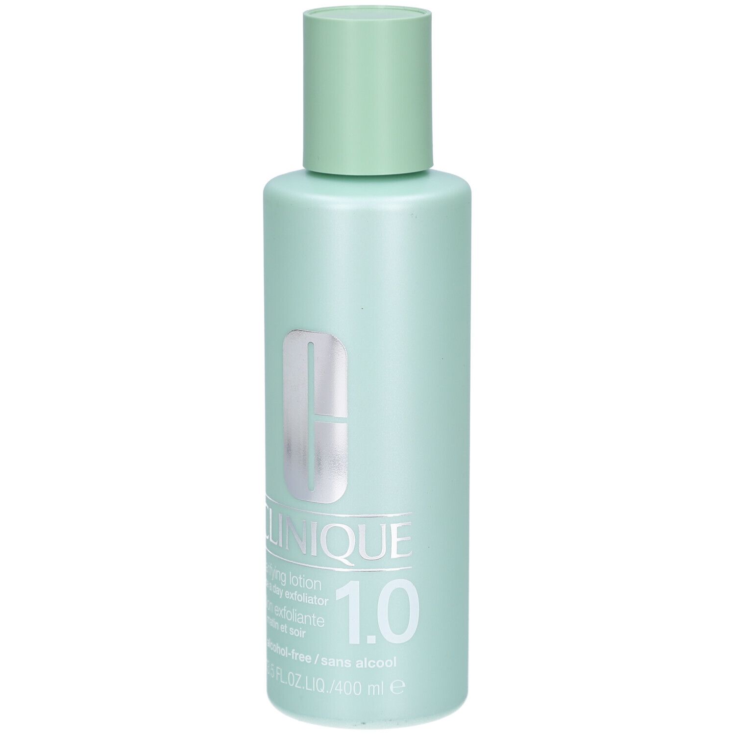 Lichtgroene fles met lichtgroene dop. Opschrift: Clinique Clarifying Lotion 1.0. Alcoholvrij. 13.5 FL.OZ./400 ml.