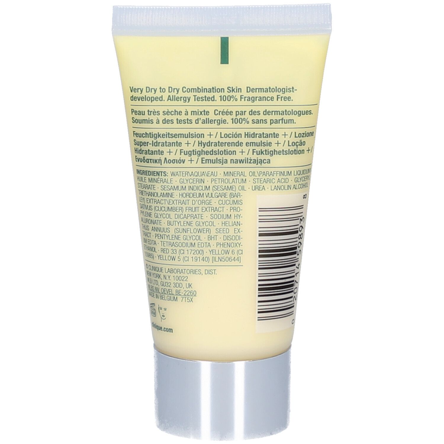 Achterkant van de gele tube. Tekst: Very Dry to Dry Combination Skin. Ingrediënten en andere productinformatie.