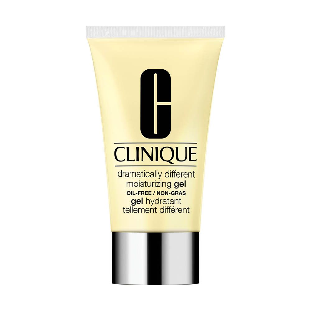 Tube de gel hydratant Clinique avec bouchon argenté. Texte : Dramatically Different Moisturizing Gel.