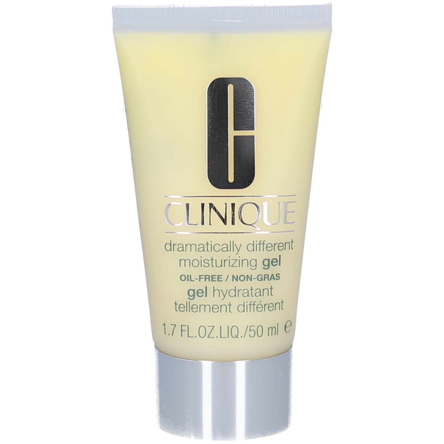 Tube de gel hydratant Clinique Dramatiquement différent. Bouchon blanc, base argentée. Logo noir.