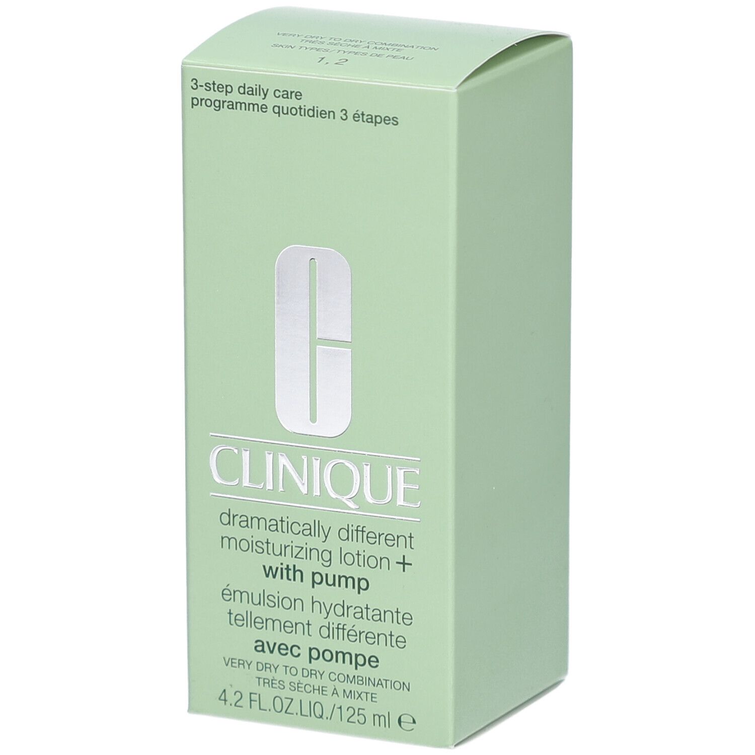 Groene verpakking van Clinique. Opschrift: Dramatically Different Moisturizing Lotion+ with pump. 4.2 fl.oz.liq./125 ml.