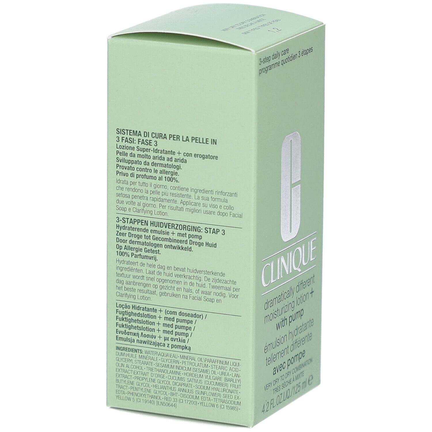 Groene verpakking van Clinique. Tekst in het Duits, Italiaans, Nederlands en Frans. Bevat informatie over het product.