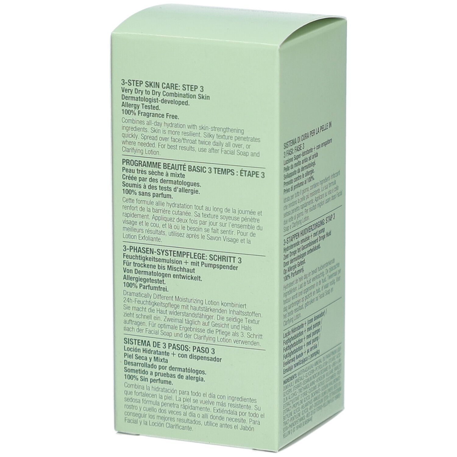 Groene verpakking van Clinique. Tekst in het Engels, Frans, Duits en Spaans. Bevat informatie over het product.