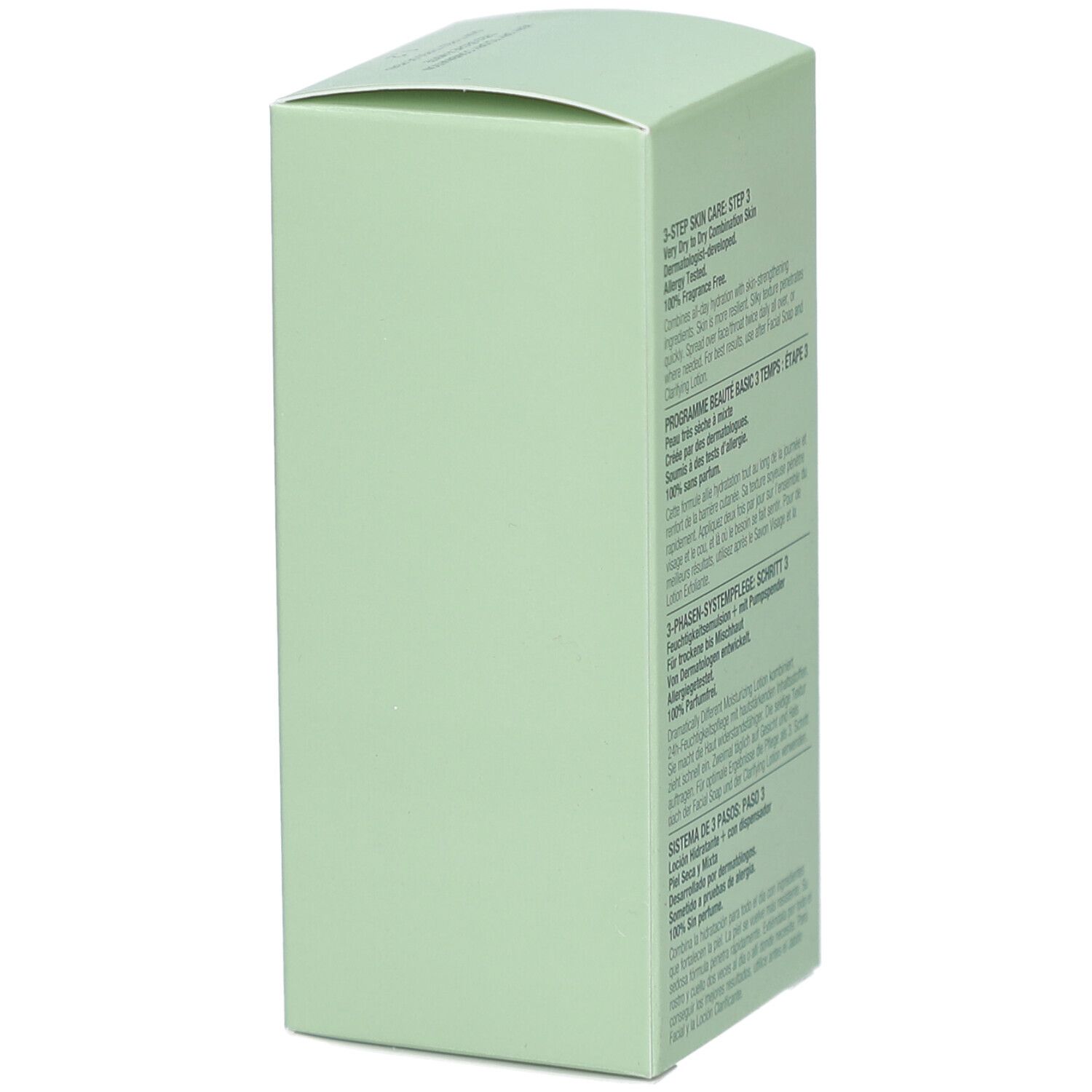 Groene verpakking van Clinique. Tekst in het Engels, Frans, Duits en Spaans. Bevat informatie over het product.