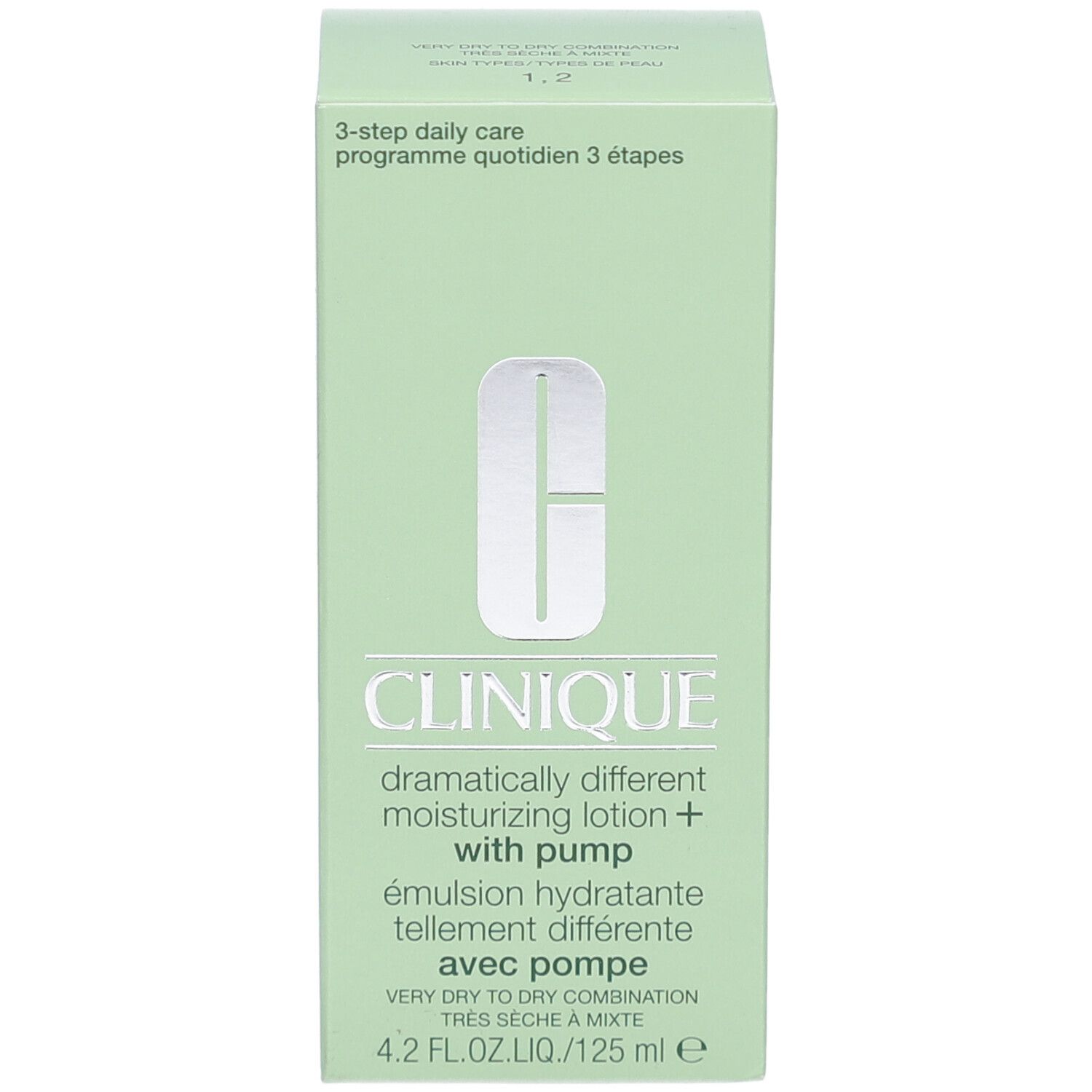 Groene verpakking van Clinique. Opschrift: Dramatically Different Moisturizing Lotion+ with pump. 4.2 fl.oz.liq./125 ml.