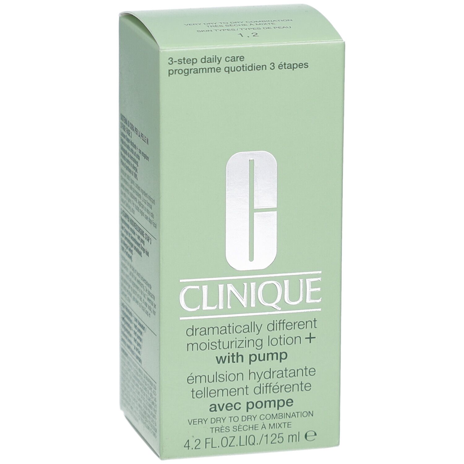 Groene verpakking van Clinique. Opschrift: Dramatically Different Moisturizing Lotion+ with pump. 4.2 fl.oz.liq./125 ml.