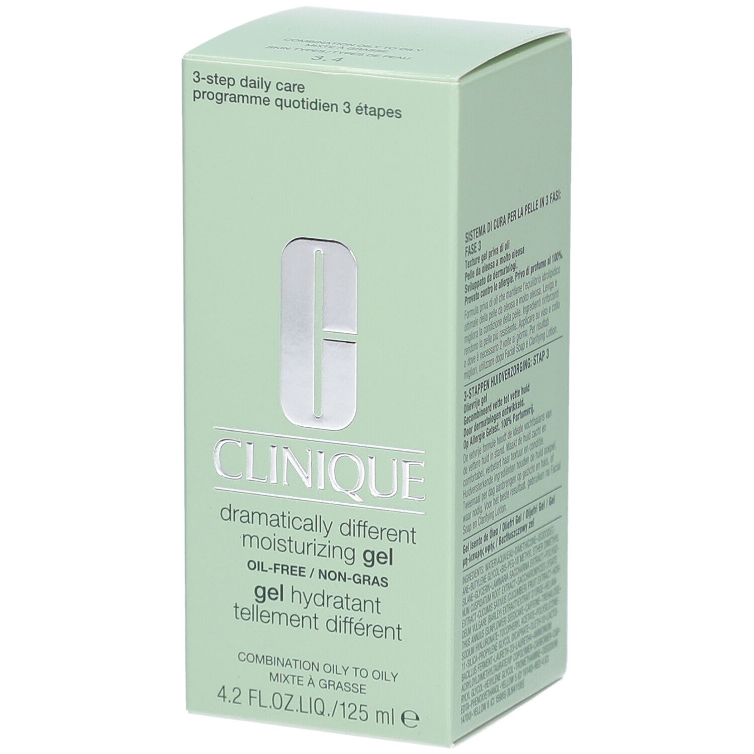 Boîte vert clair. Inscription: Clinique, Dramatically Different Moisturizing Gel, sans huile. 4.2 FL.OZ.LIQ./125 ml e. 3-step daily care.