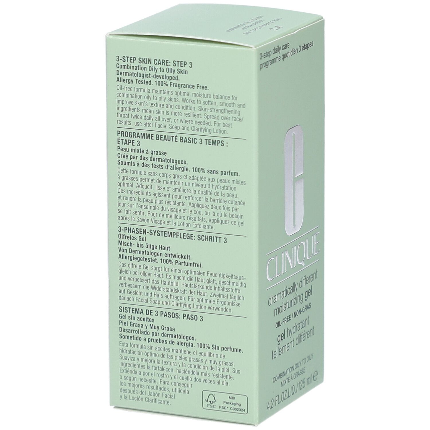 Boîte vert clair. Texte: 3-step skin care. Testé dermatologiquement. 100% sans parfum. Clinique, Dramatically Different Moisturizing Gel, sans huile.