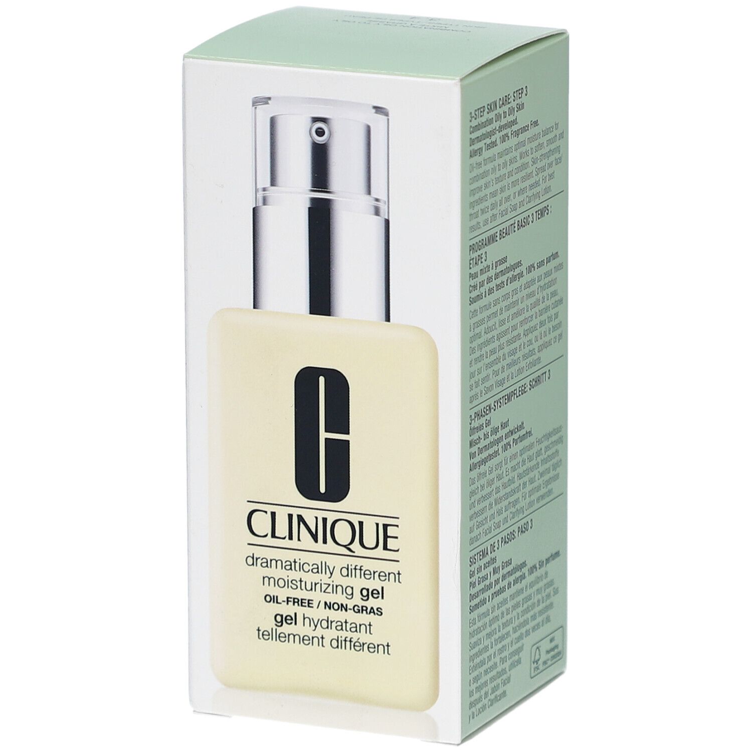 Produit dans un flacon rectangulaire jaune clair avec une pompe argentée. Inscription: Clinique, Dramatically Different Moisturizing Gel, sans huile.