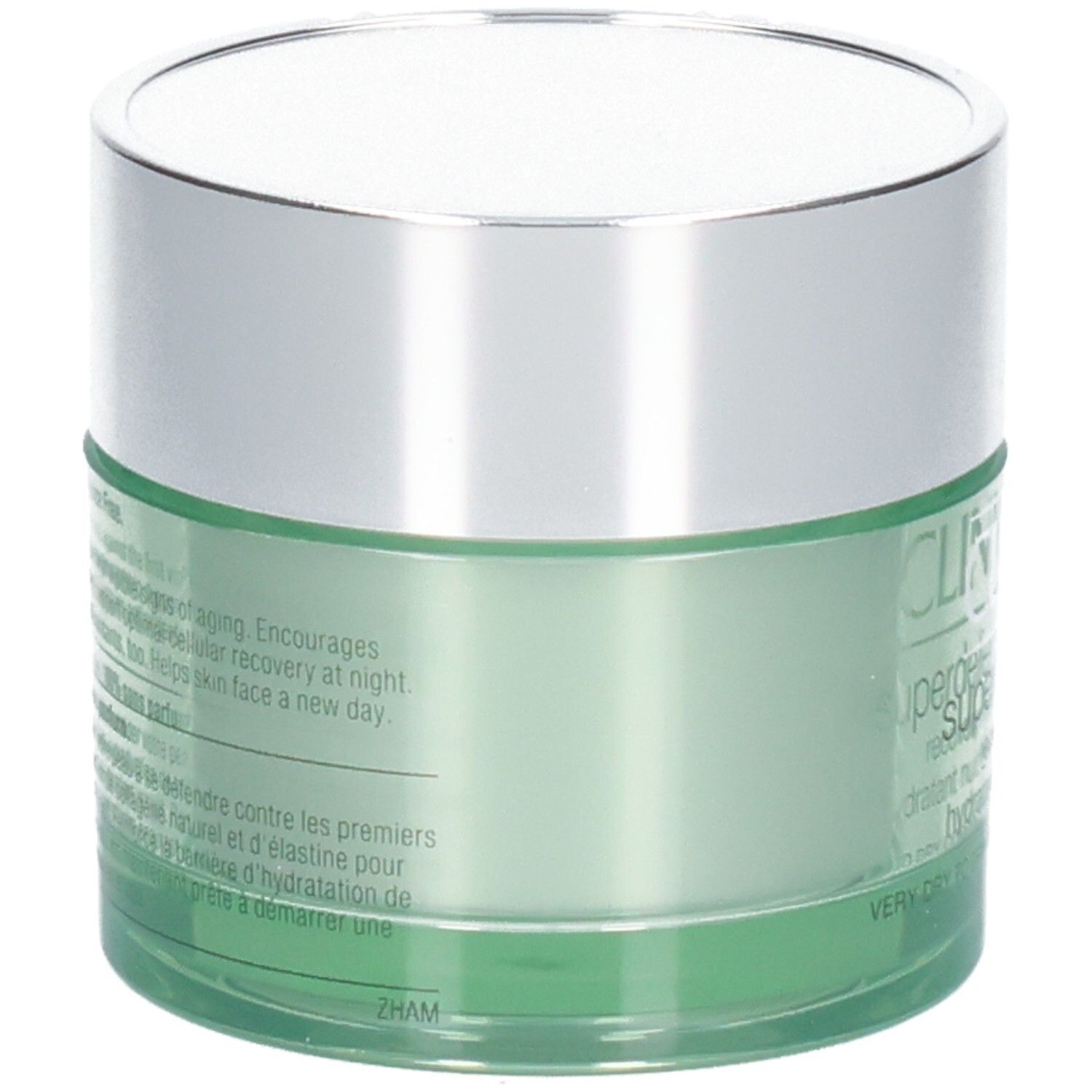 Pot vert avec couvercle argenté, Clinique Superdefense Night Recovery Moisturizer.