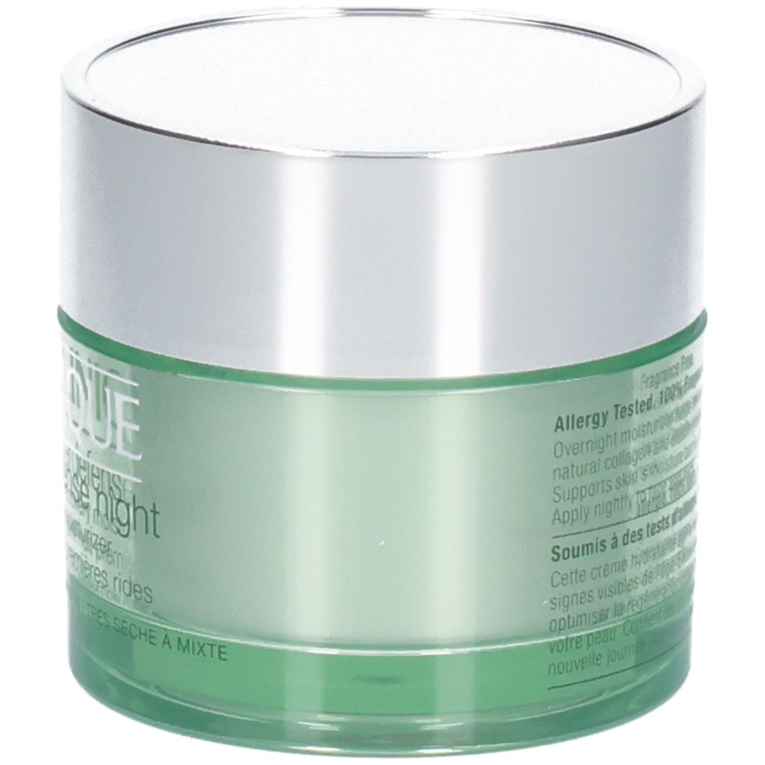 Vue latérale d'un pot vert avec couvercle argenté, Clinique Superdefense Night Recovery Moisturizer.