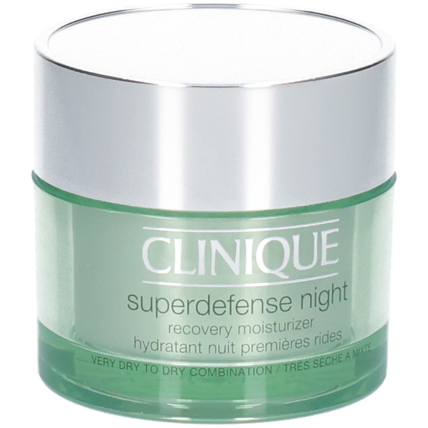 Pot vert avec couvercle argenté, Clinique Superdefense Night Recovery Moisturizer, pour peaux très sèches à mixtes.