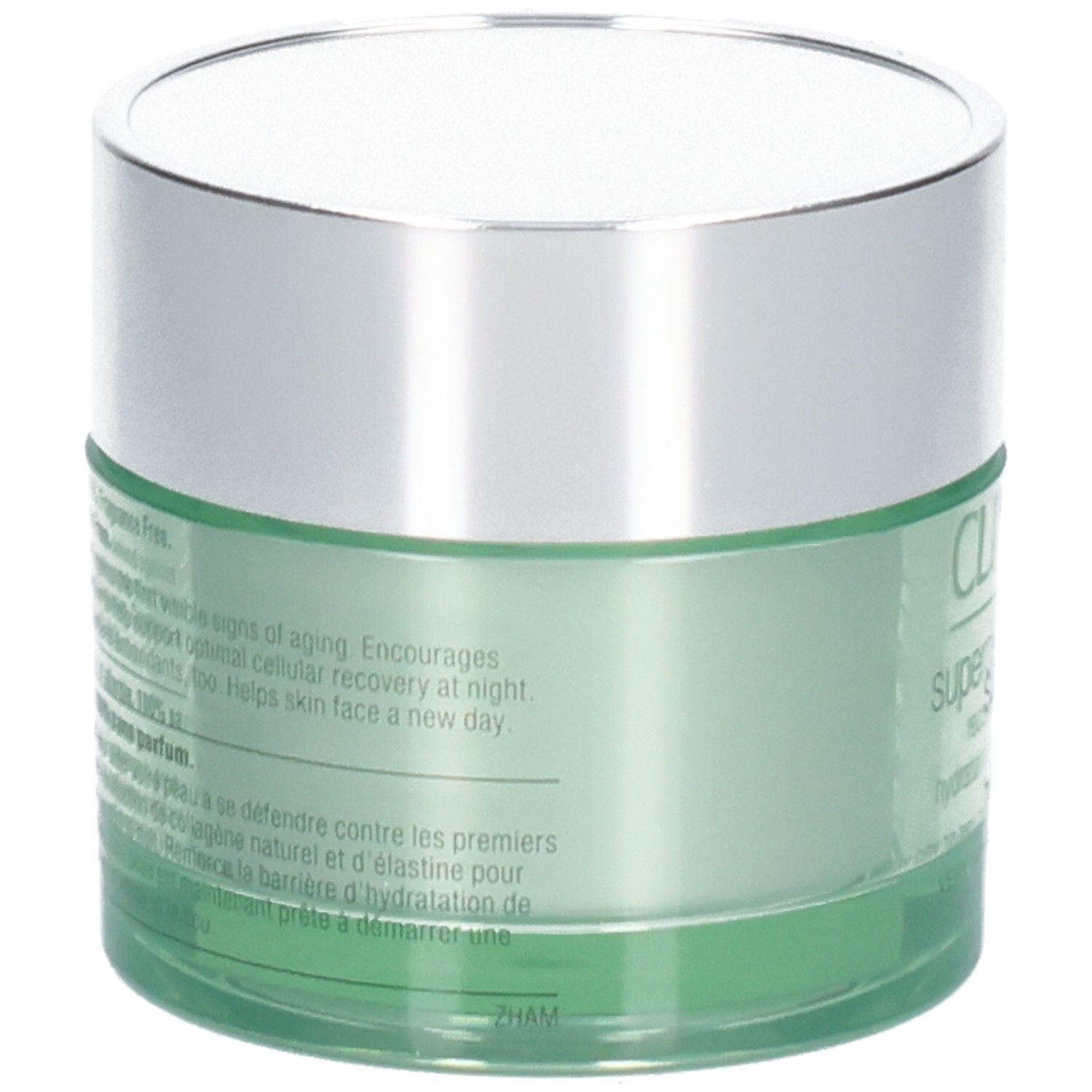 Pot vert avec couvercle argenté, Clinique Superdefense Night Recovery Moisturizer, pour peaux très sèches à mixtes.