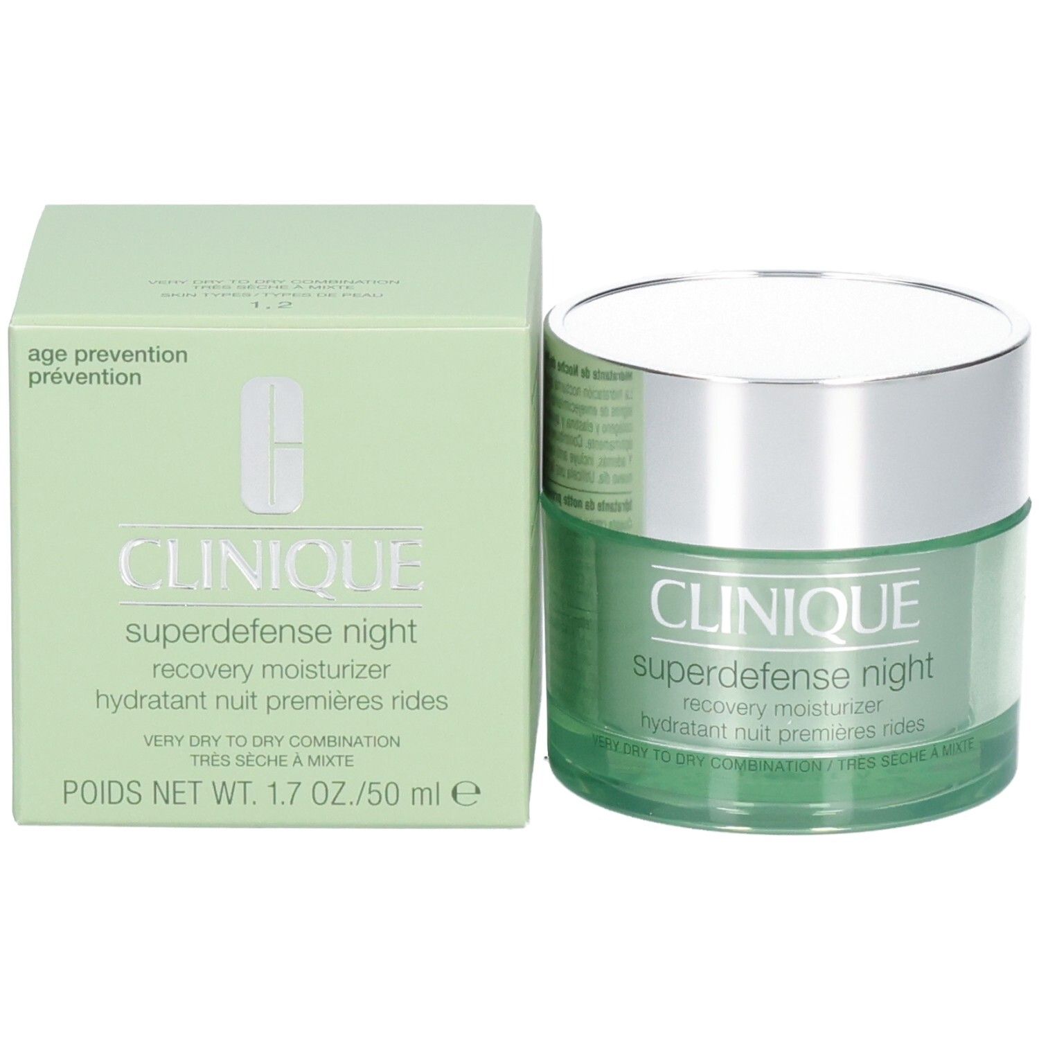 Pot et boîte Clinique Superdefense Night Recovery Moisturizer, 50 ml.