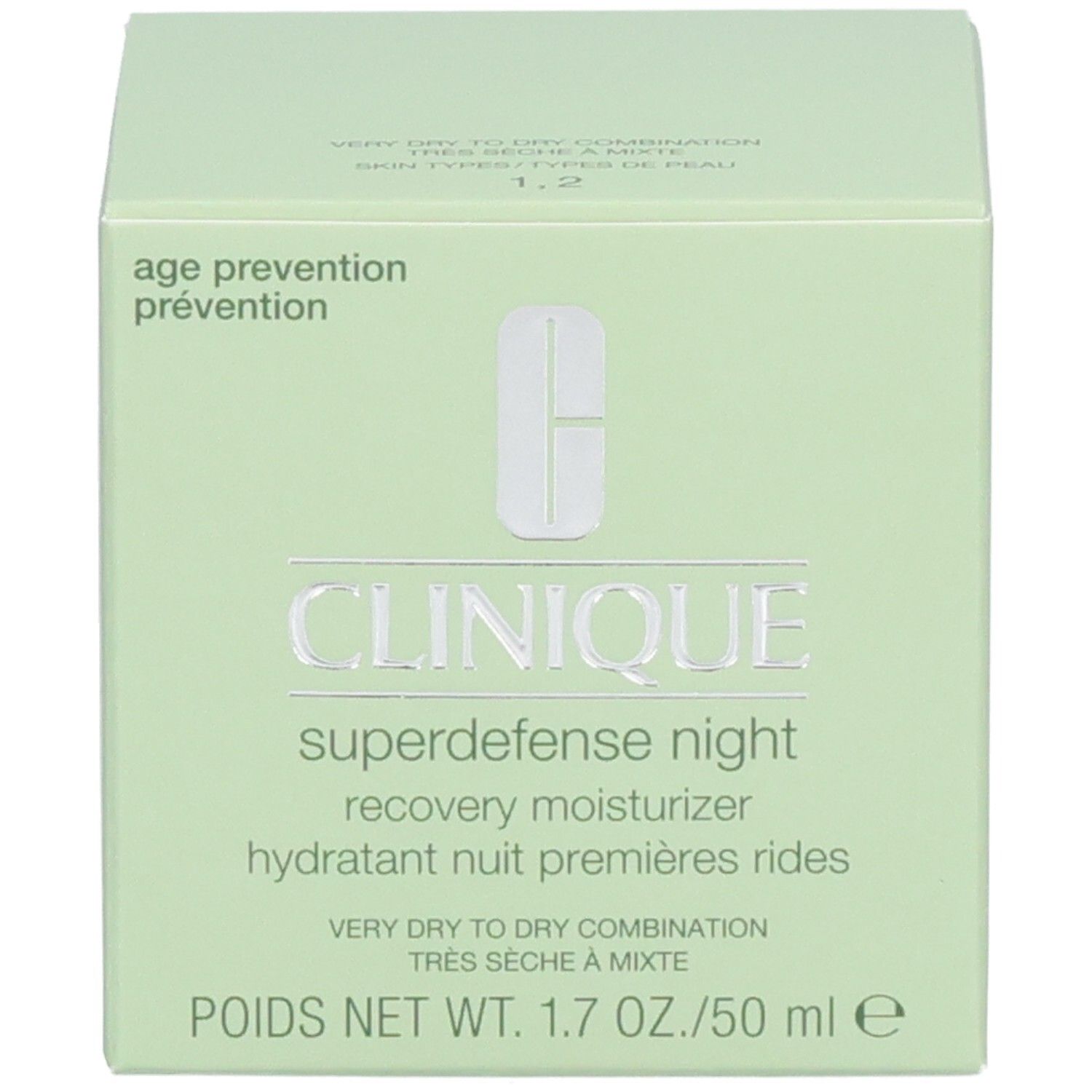 Boîte verte avec inscription Clinique Superdefense Night Recovery Moisturizer, 50 ml.