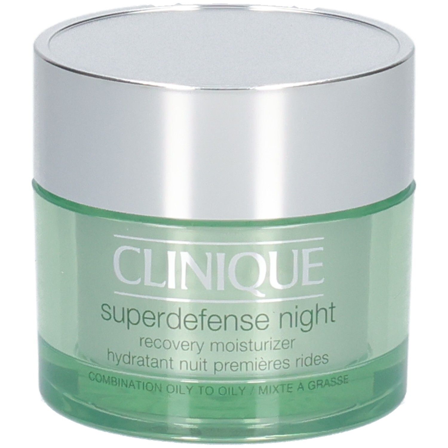 Groene pot met zilveren deksel. Opschrift: CLINIQUE, Superdefense night, recovery moisturizer.
