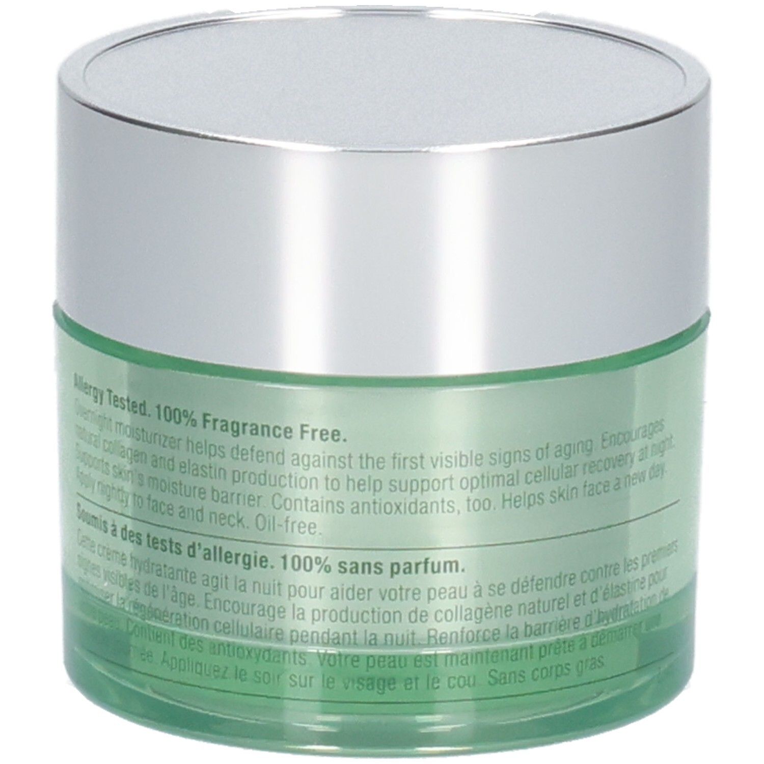 Groene pot met zilveren deksel. Tekst op de achterkant: Allergy Tested. 100% Fragrance Free.