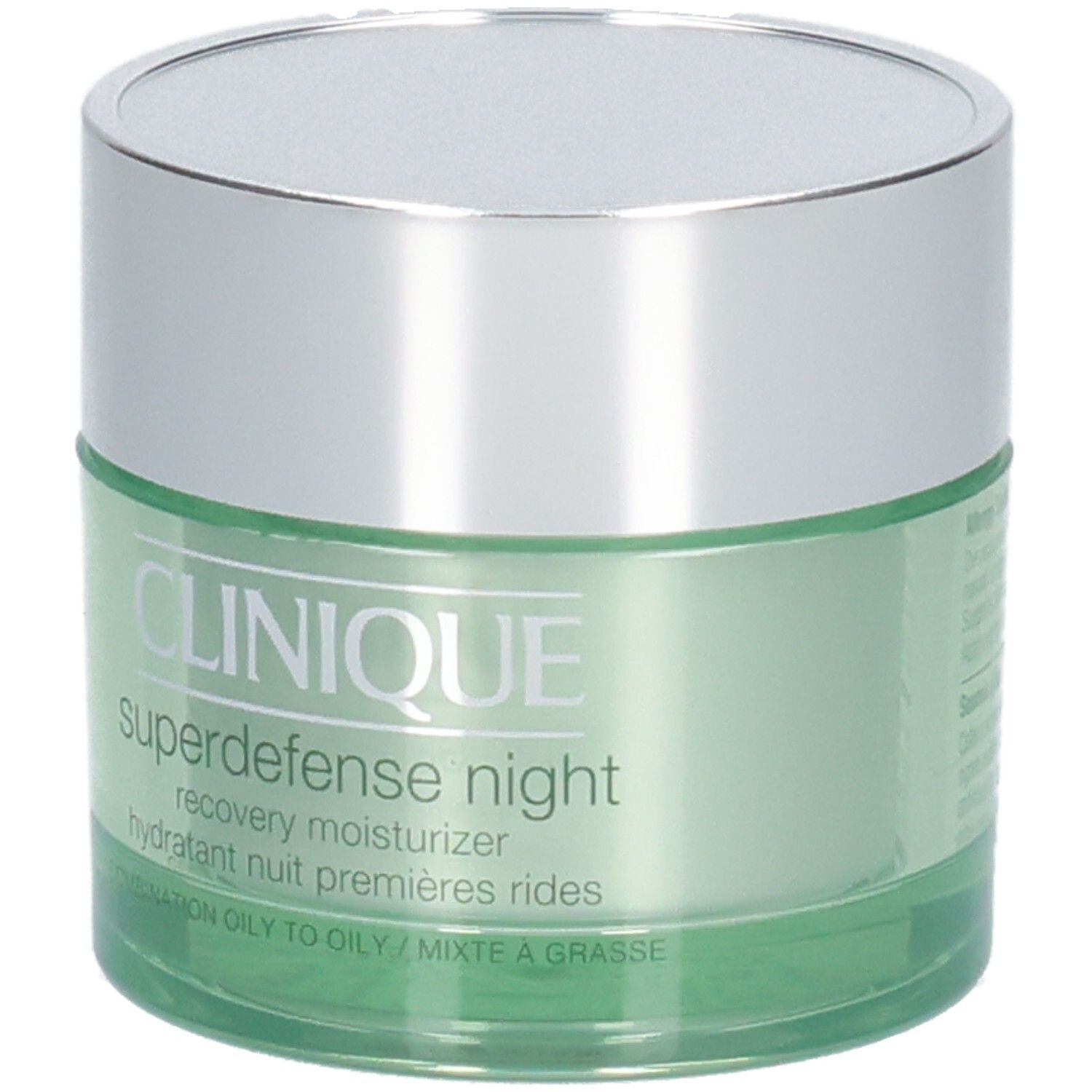 Groene pot met zilveren deksel. Opschrift: CLINIQUE, Superdefense night, recovery moisturizer.