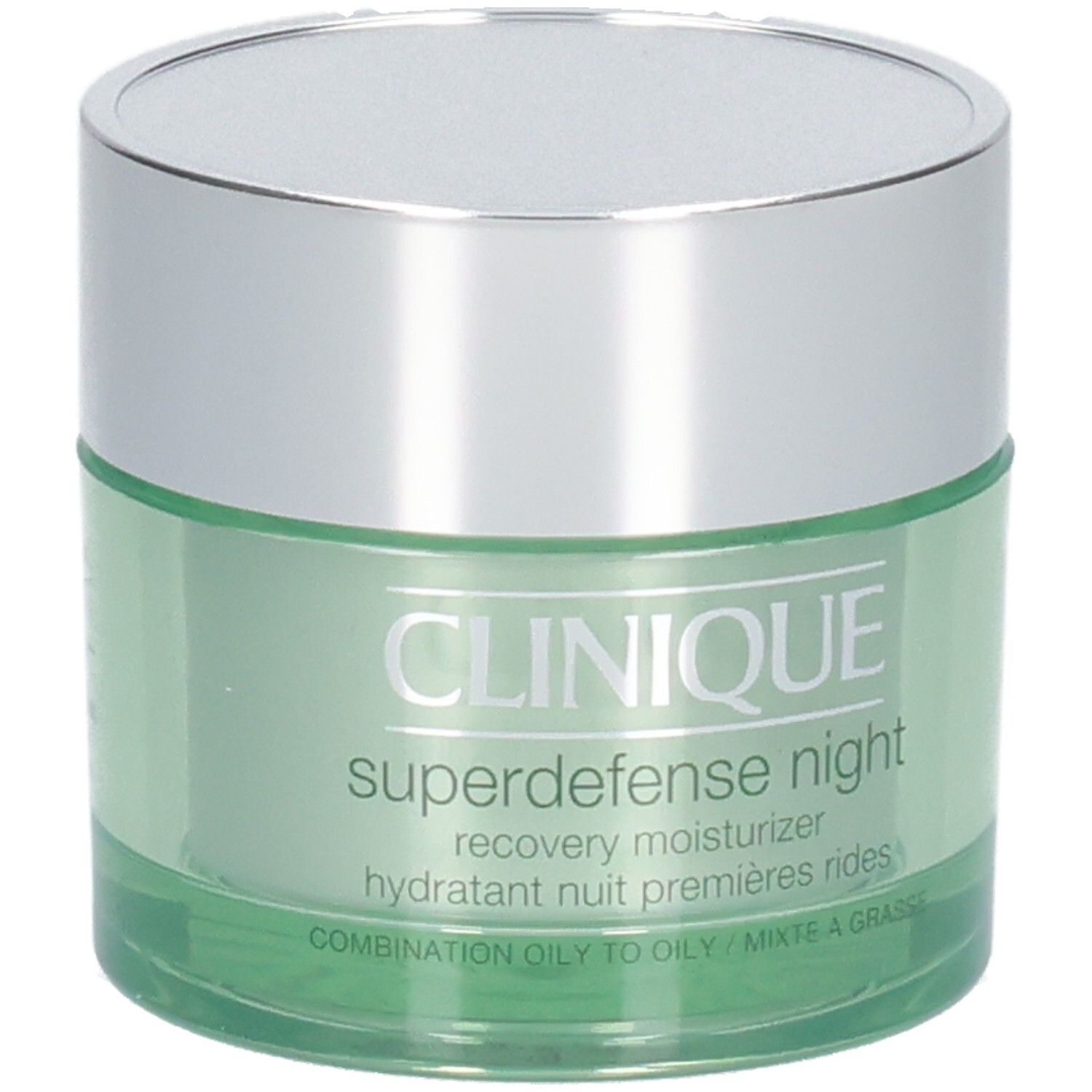 Groene pot met zilveren deksel. Opschrift: CLINIQUE, Superdefense night, recovery moisturizer.