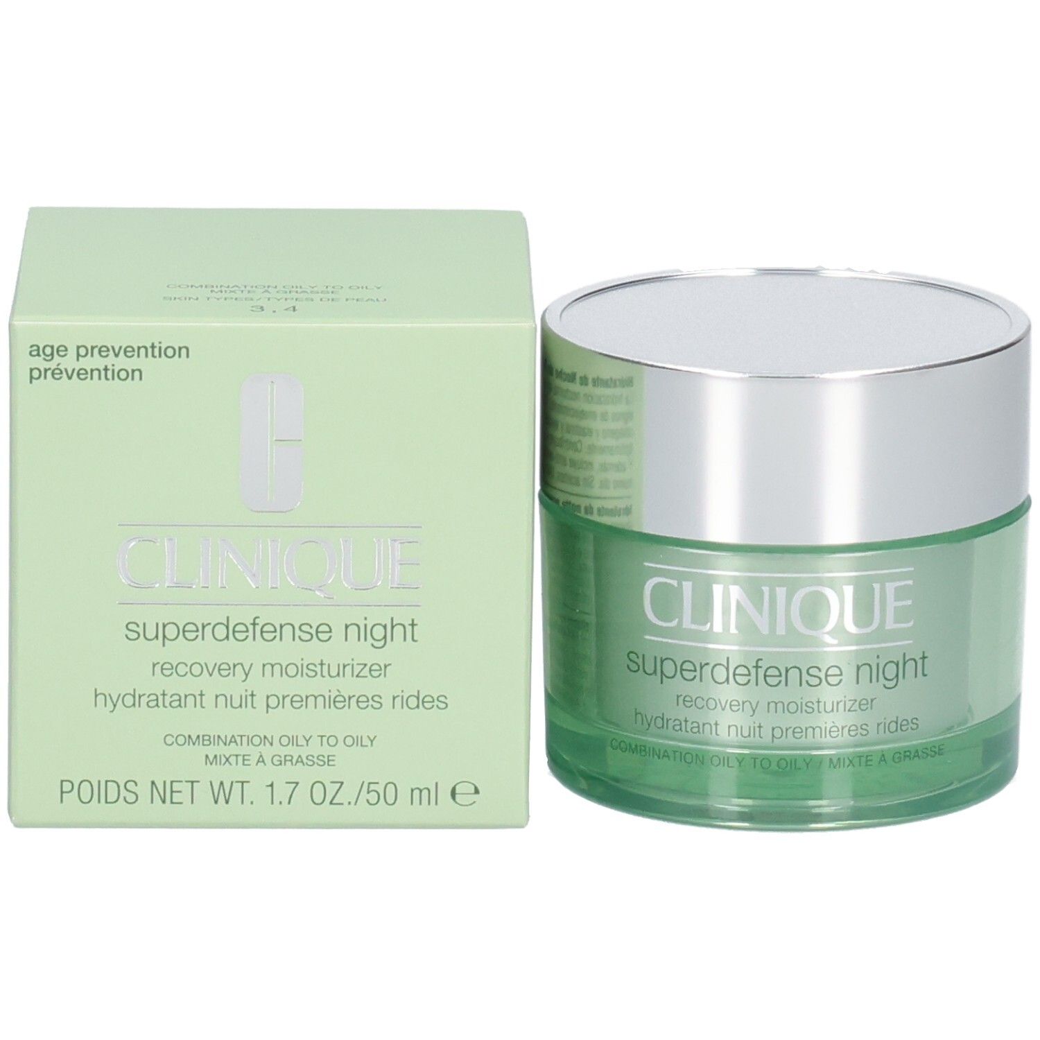 Groene doos en pot met zilveren deksel. Opschrift: CLINIQUE, Superdefense night, recovery moisturizer.
