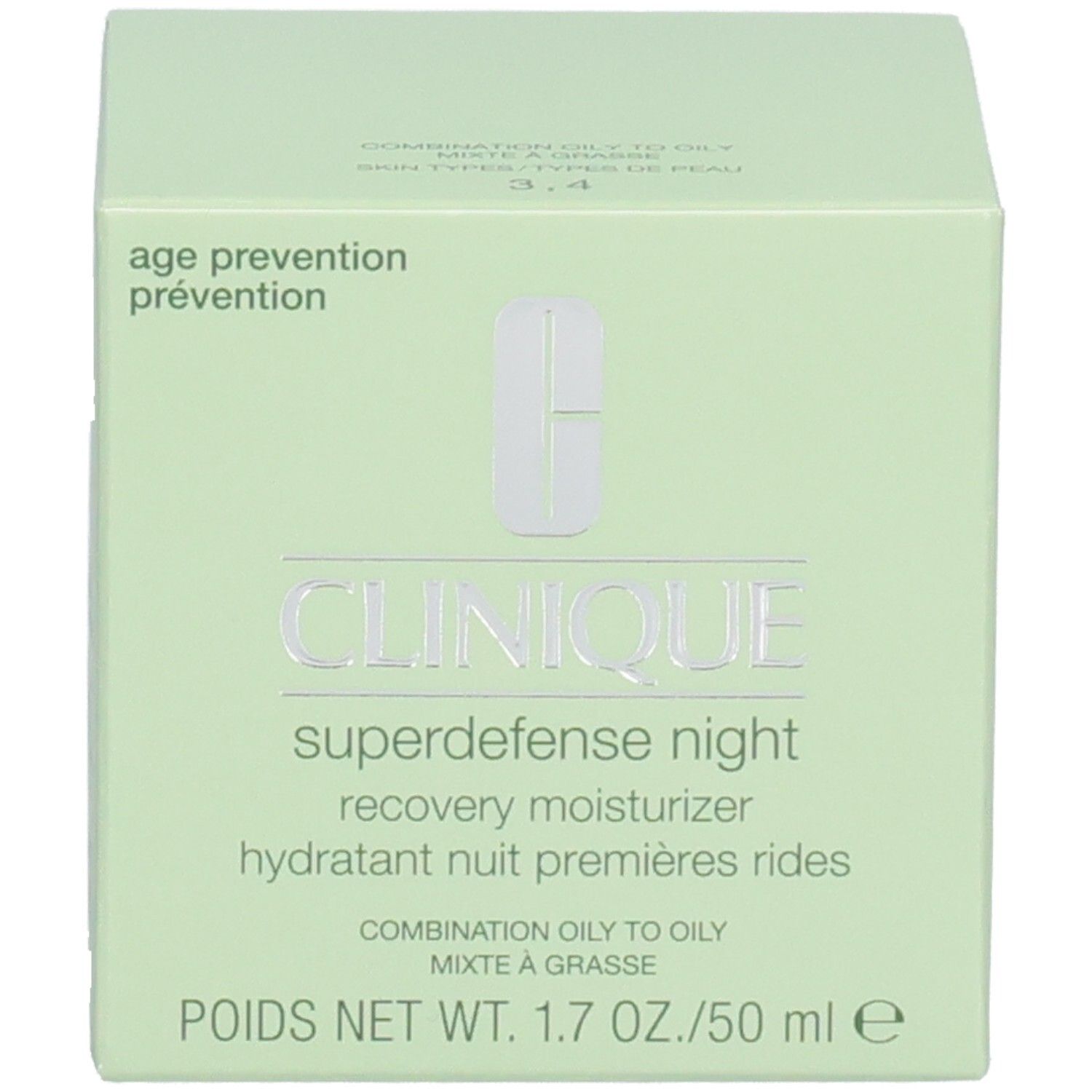 Groene doos. Opschrift: CLINIQUE, Superdefense night, recovery moisturizer. Poids net: 1.7 oz./50 ml.