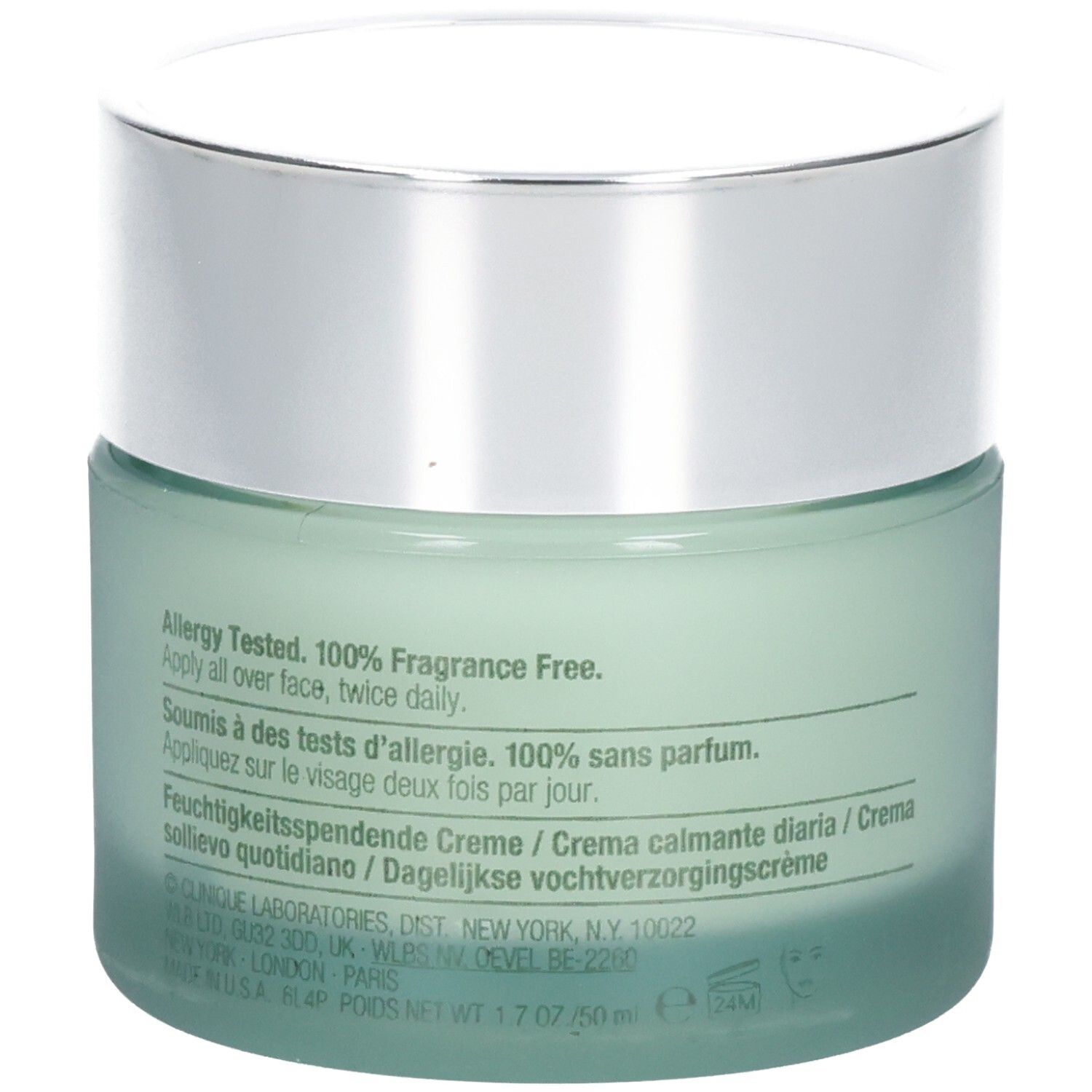Crème apaisante Clinique Redness Solutions, dos avec texte.