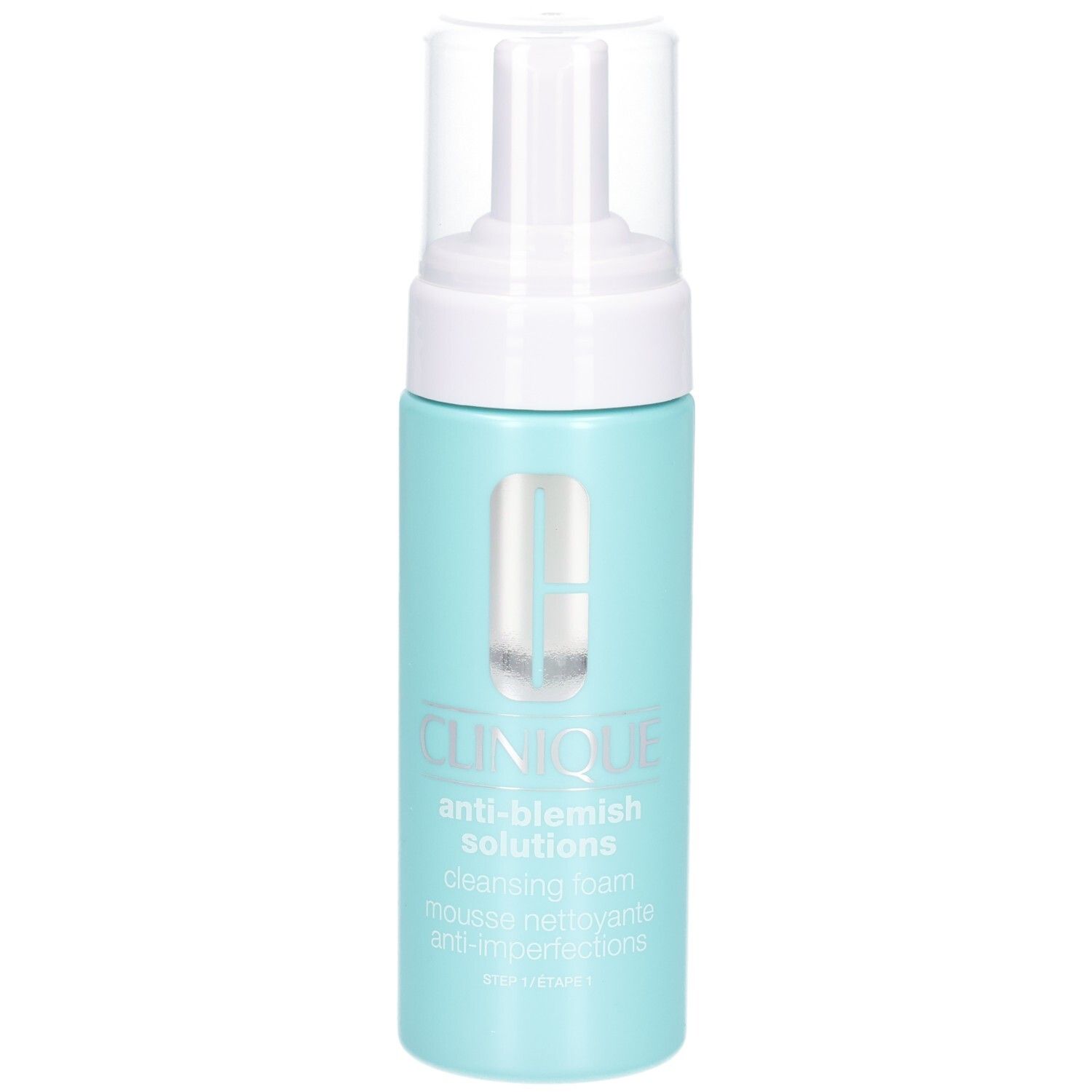 Flacon turquoise avec pompe blanche. Inscription: CLINIQUE anti-blemish solutions cleansing foam.
