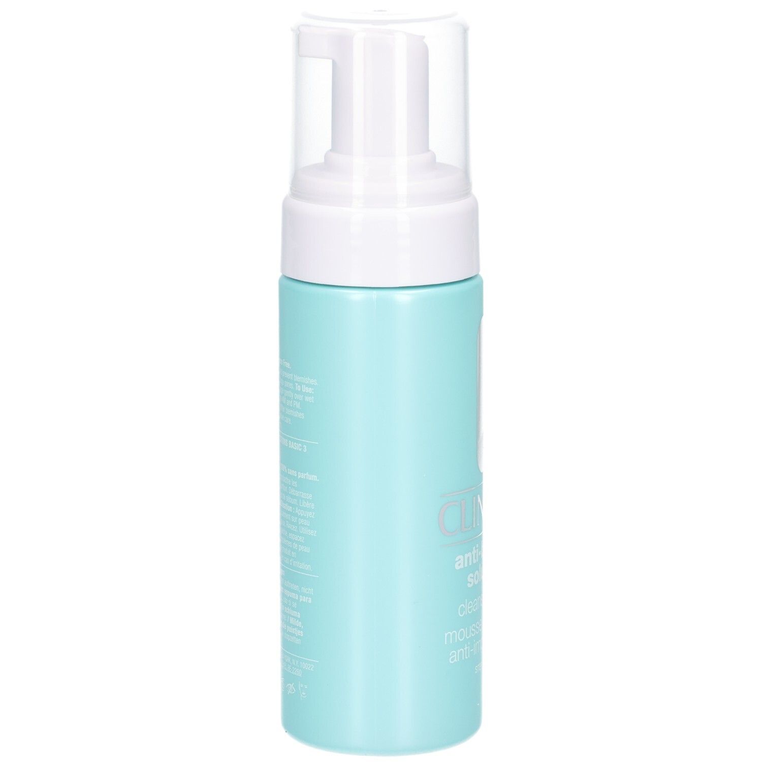 Flacon turquoise avec pompe blanche. Texte au dos. Nom du produit non visible.