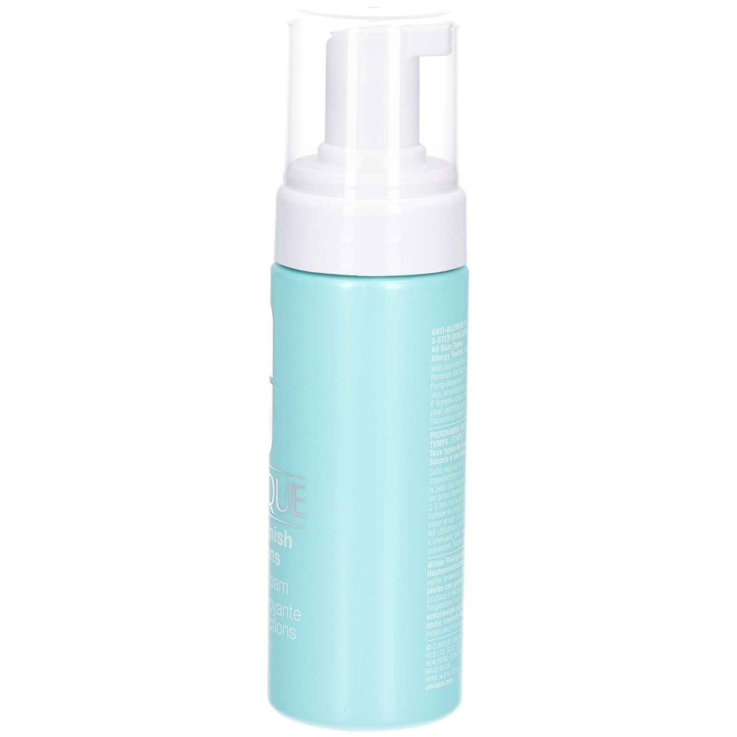 Flacon turquoise avec pompe blanche. Nom du produit partiellement visible.