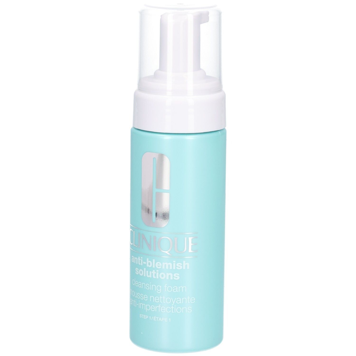 Flacon turquoise avec pompe blanche. Inscription: CLINIQUE anti-blemish solutions cleansing foam.