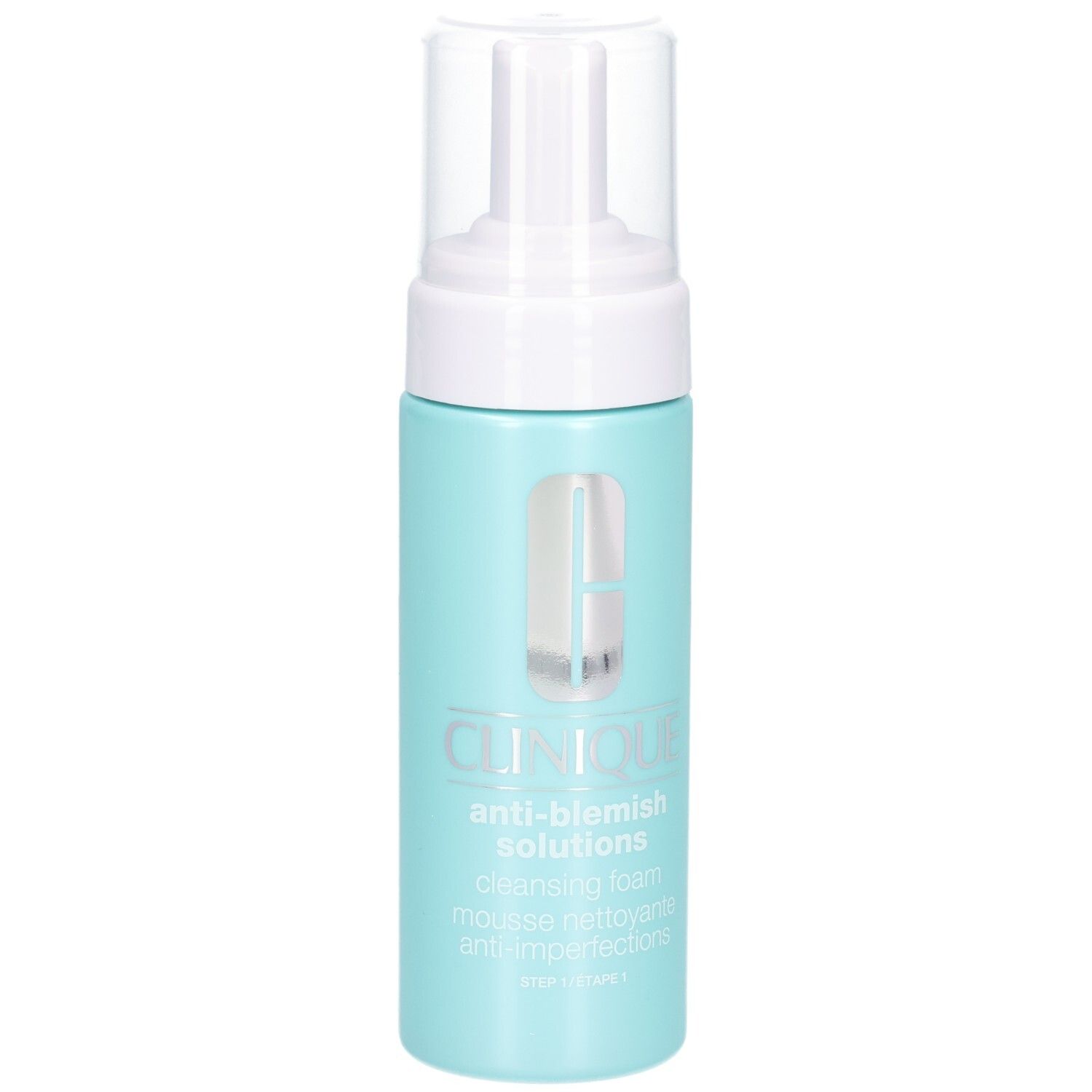 Flacon turquoise avec pompe blanche. Inscription: CLINIQUE anti-blemish solutions cleansing foam.