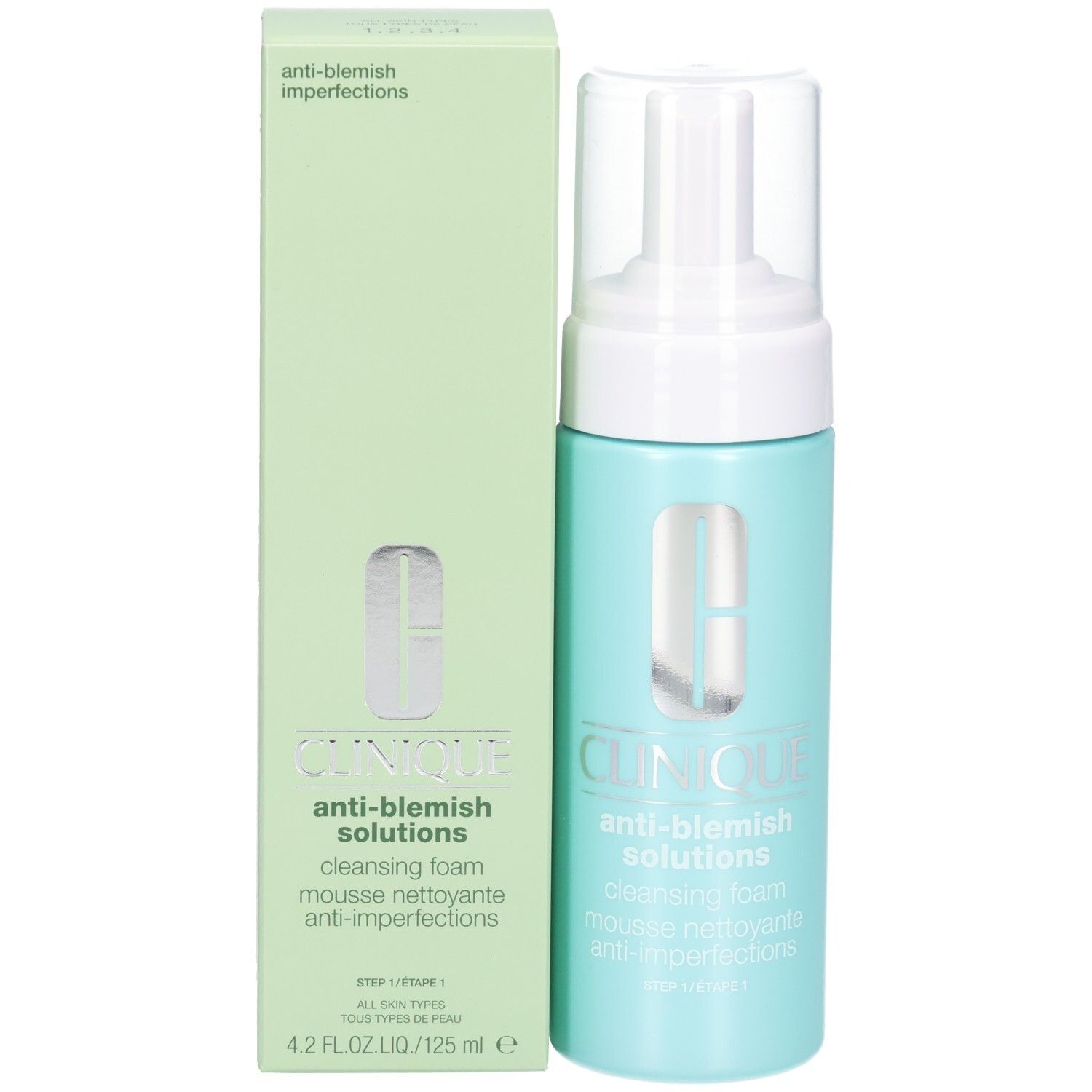 Flacon turquoise et boîte verte. Inscription: CLINIQUE anti-blemish solutions cleansing foam.