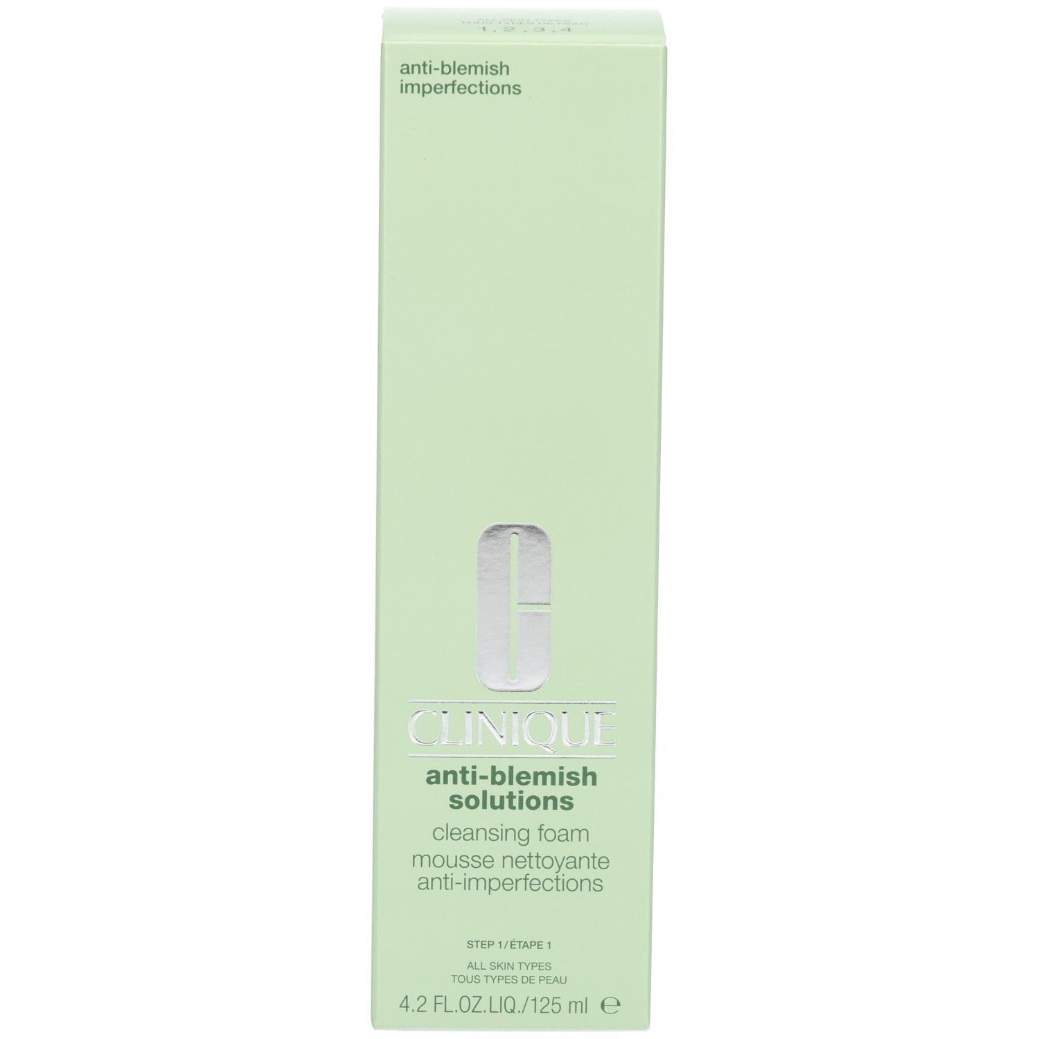 Boîte verte avec logo blanc. Inscription: CLINIQUE anti-blemish solutions cleansing foam.