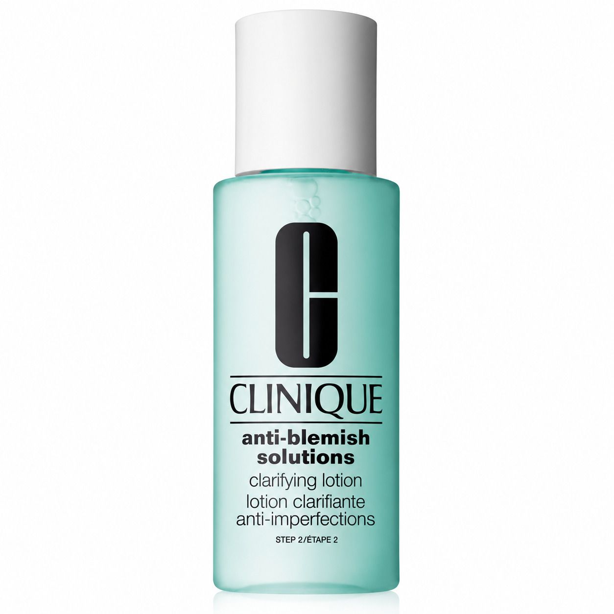 Flacon bleu clair avec bouchon blanc. Inscription : Clinique Anti-Blemish Solutions. Lotion Clarifiante.