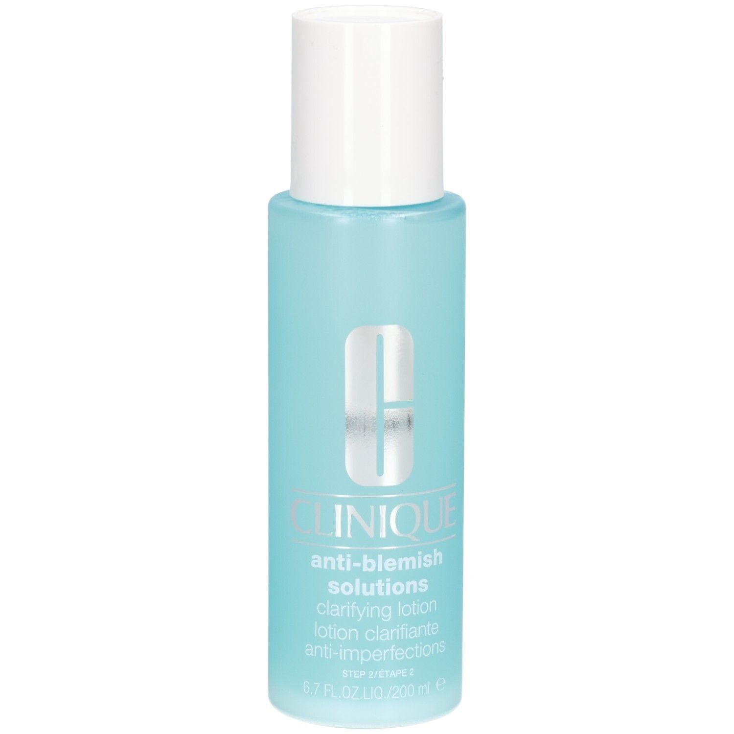 Flacon bleu clair avec bouchon blanc. Inscription : Clinique Anti-Blemish Solutions. Lotion Clarifiante.