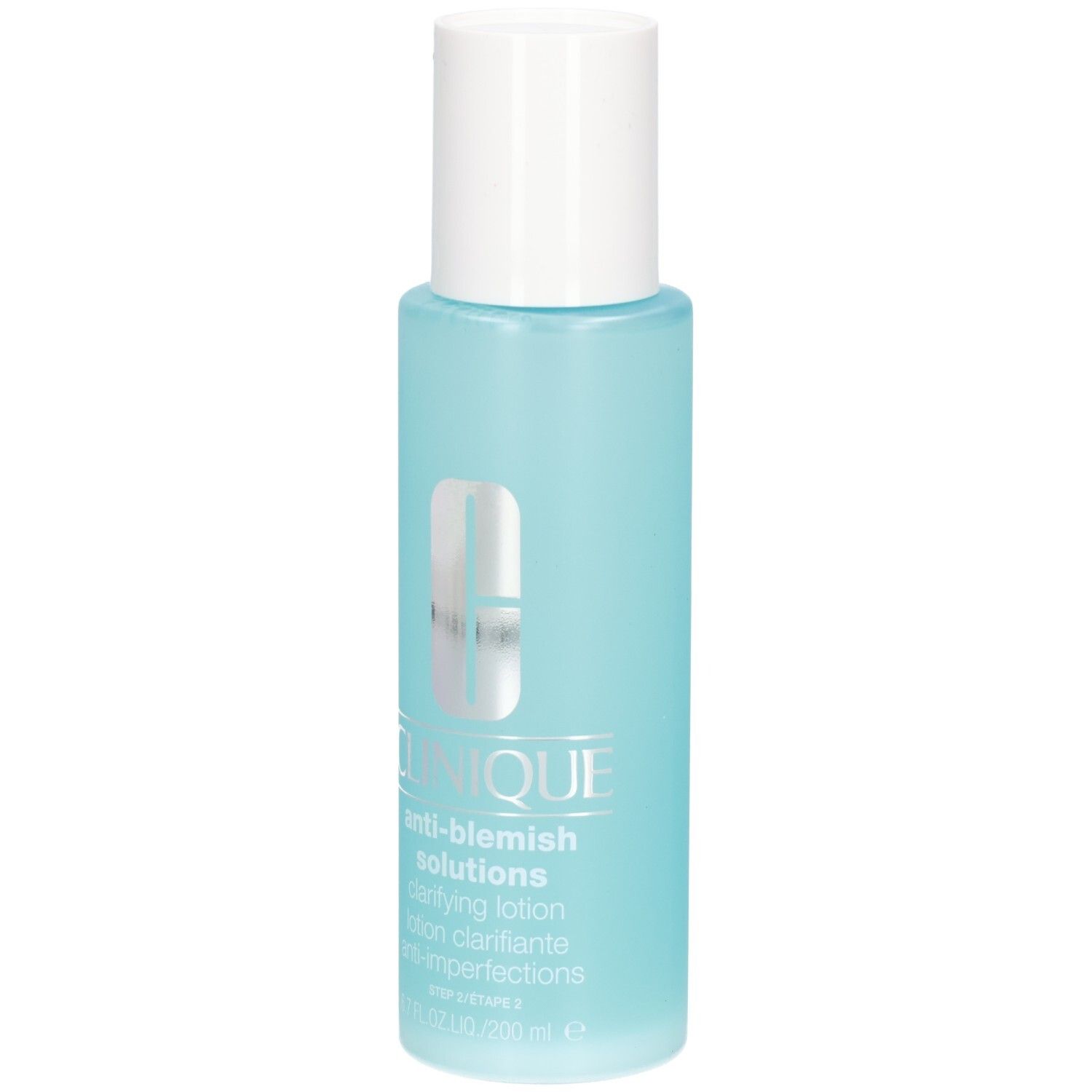 Flacon bleu clair avec bouchon blanc. Inscription : Clinique Anti-Blemish Solutions. Lotion Clarifiante.