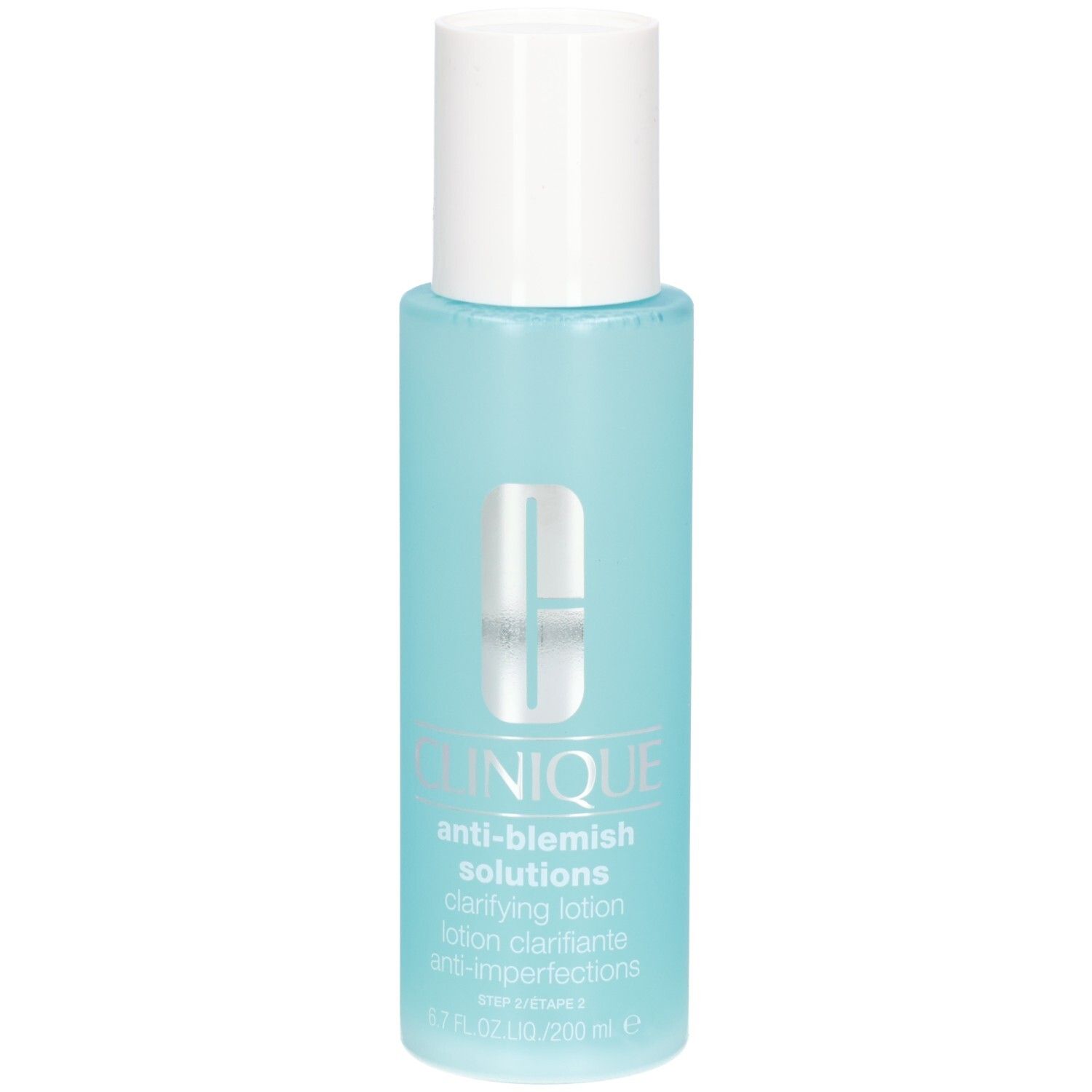 Flacon bleu clair avec bouchon blanc. Inscription : Clinique Anti-Blemish Solutions. Lotion Clarifiante.