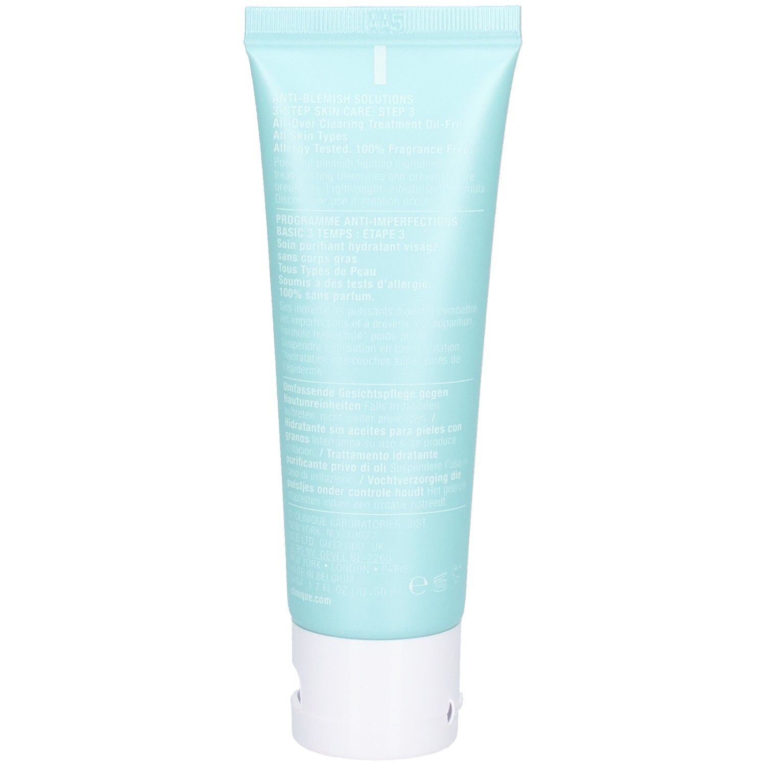 Achterkant van de Clinique Anti-Blemish Solutions tube met instructies.