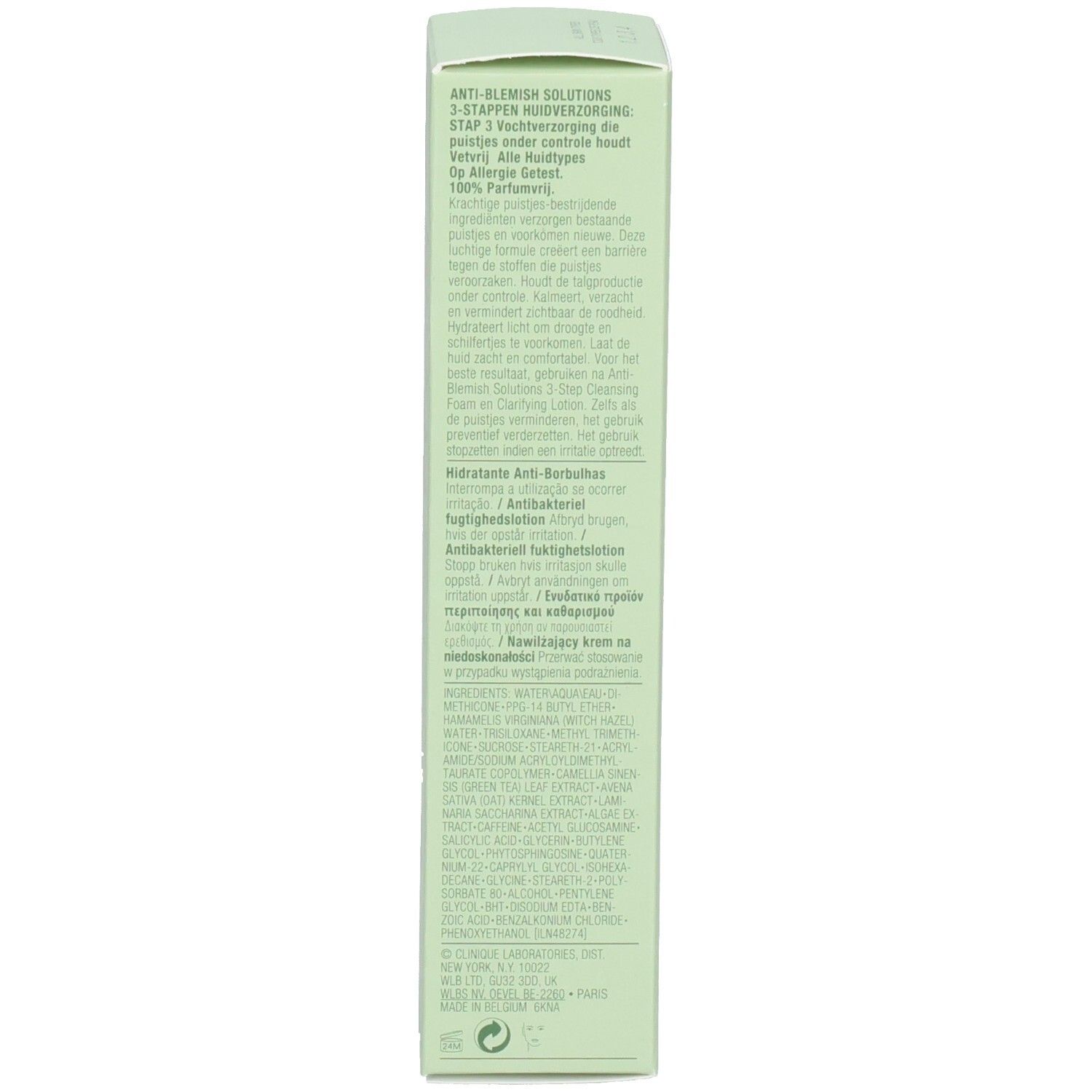 Zijkant van de Clinique Anti-Blemish Solutions doos met productinformatie.