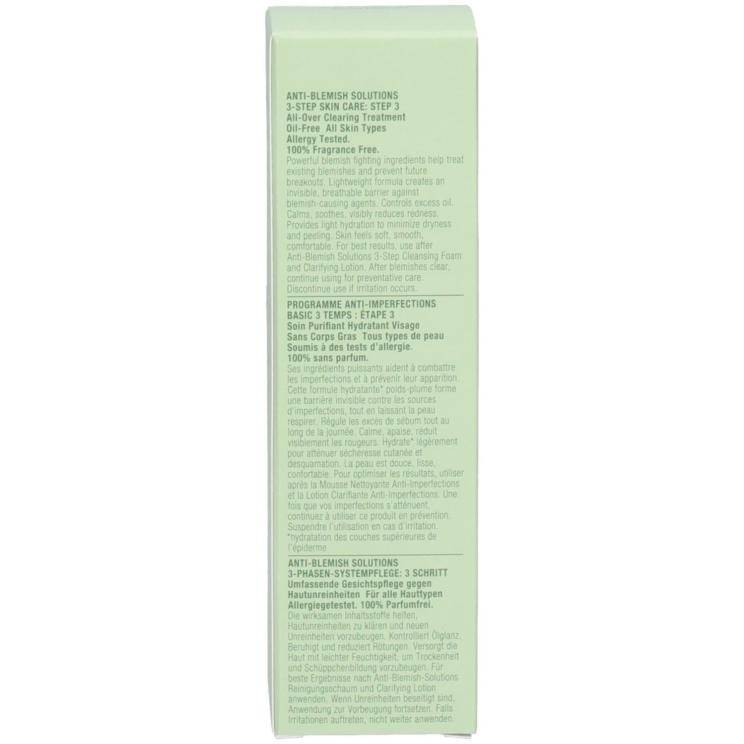 Zijkant van de Clinique Anti-Blemish Solutions doos met instructies.